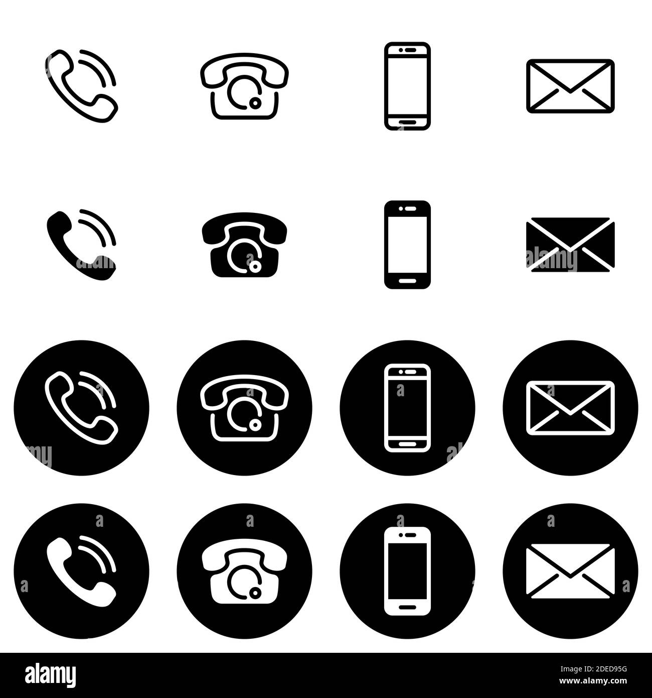 Ensemble d'icônes vectorielles noir et blanc, différents styles sur fond noir et blanc. Collection de téléphones de base et leurs fonctions Illustration de Vecteur