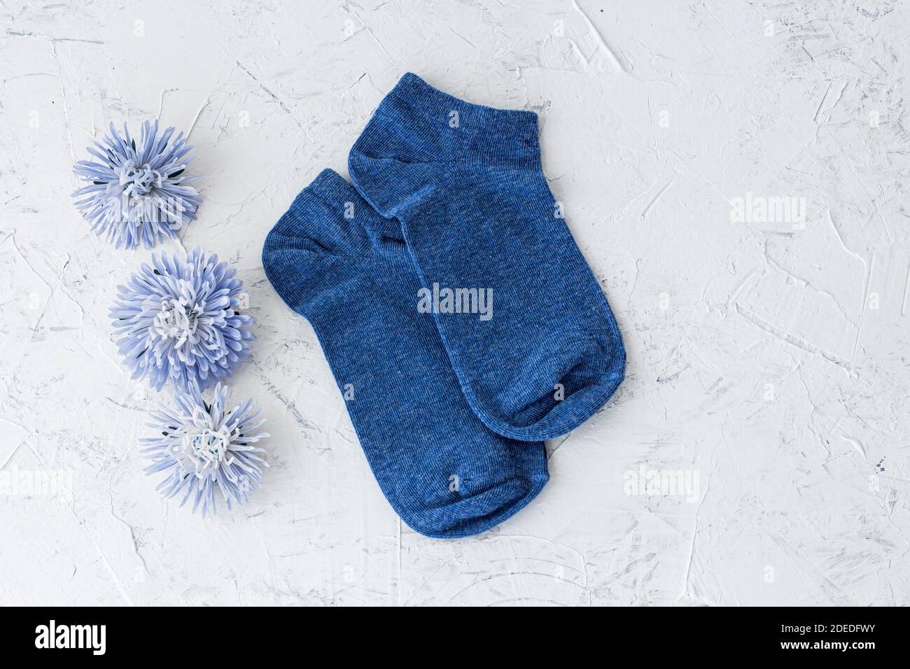 Paire de chaussettes bleues pour femmes et de fleurs d'aster sur fond blanc structuré, vue du dessus. Banque D'Images