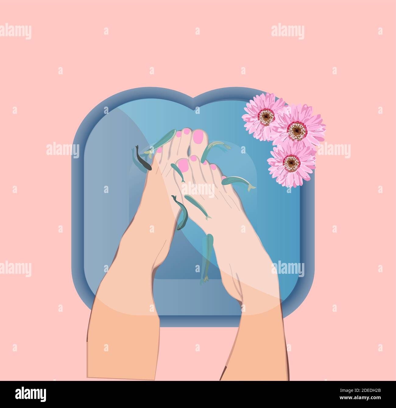 Gommage au poisson Garra Rufa. Pédicure dans un salon de beauté. Soin spa avec poisson. Soins des jambes. Illustration de Vecteur