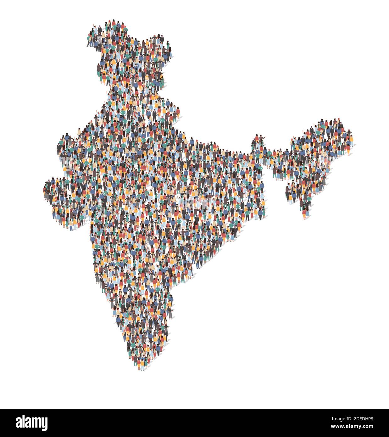 Grand groupe de personnes formant l'Inde carte debout ensemble, illustration vectorielle plate. Données démographiques de la population. Illustration de Vecteur