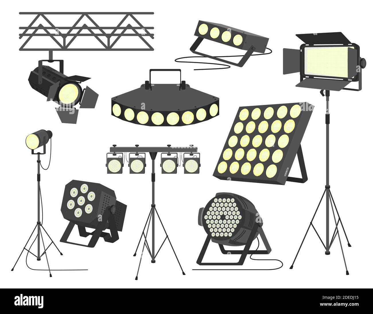 Ensemble de spots de scène, illustration à vecteur plat isolée. Illustration de Vecteur