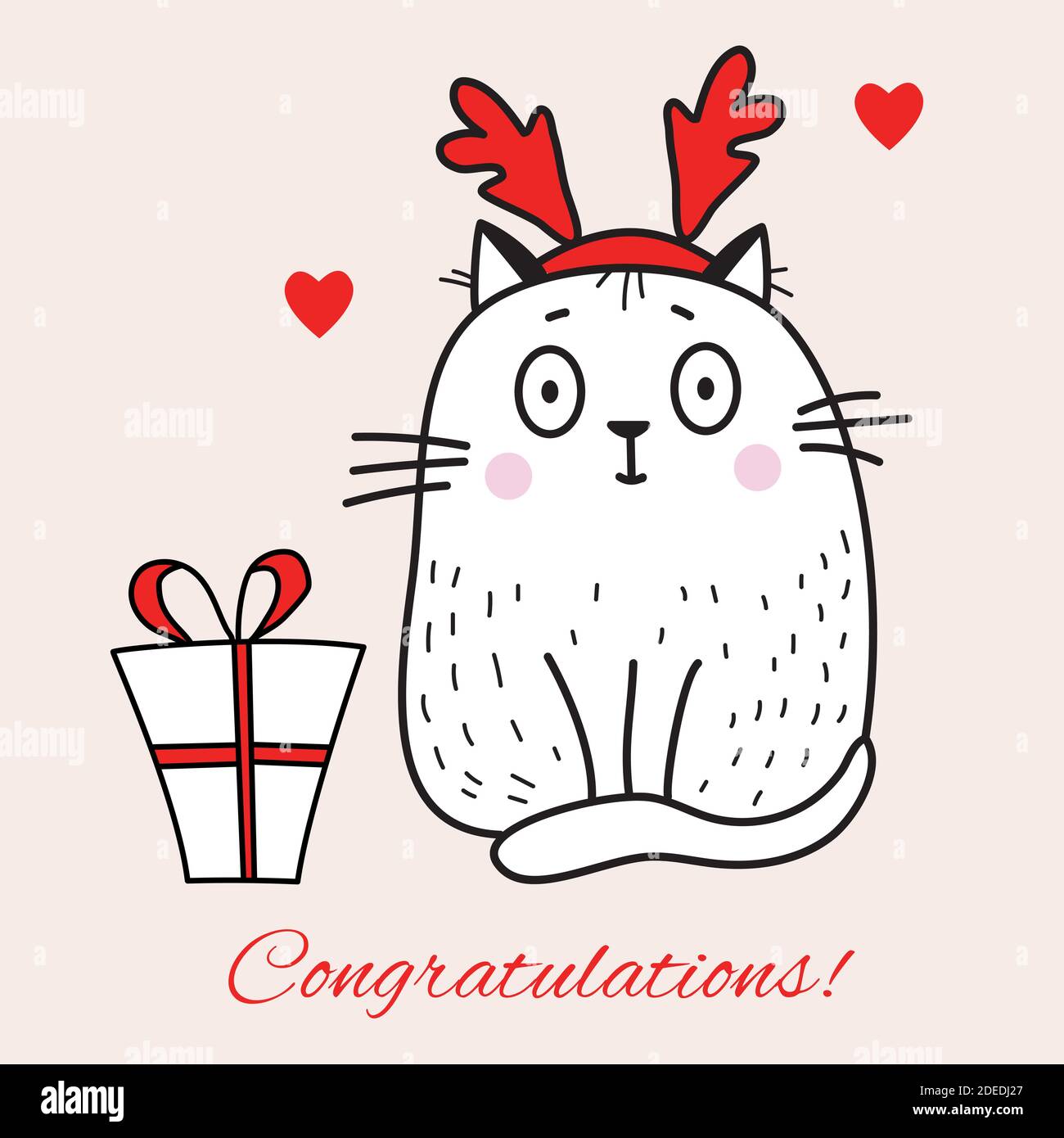Carte De Voeux Avec Un Joli Chat Blanc Avec Des Cornes De Cerf Et Un Cadeau Mot Felicitations Illustration Vectorielle Ligne Contour Jolie Carte A Motif Croquis Avec Holi Image Vectorielle