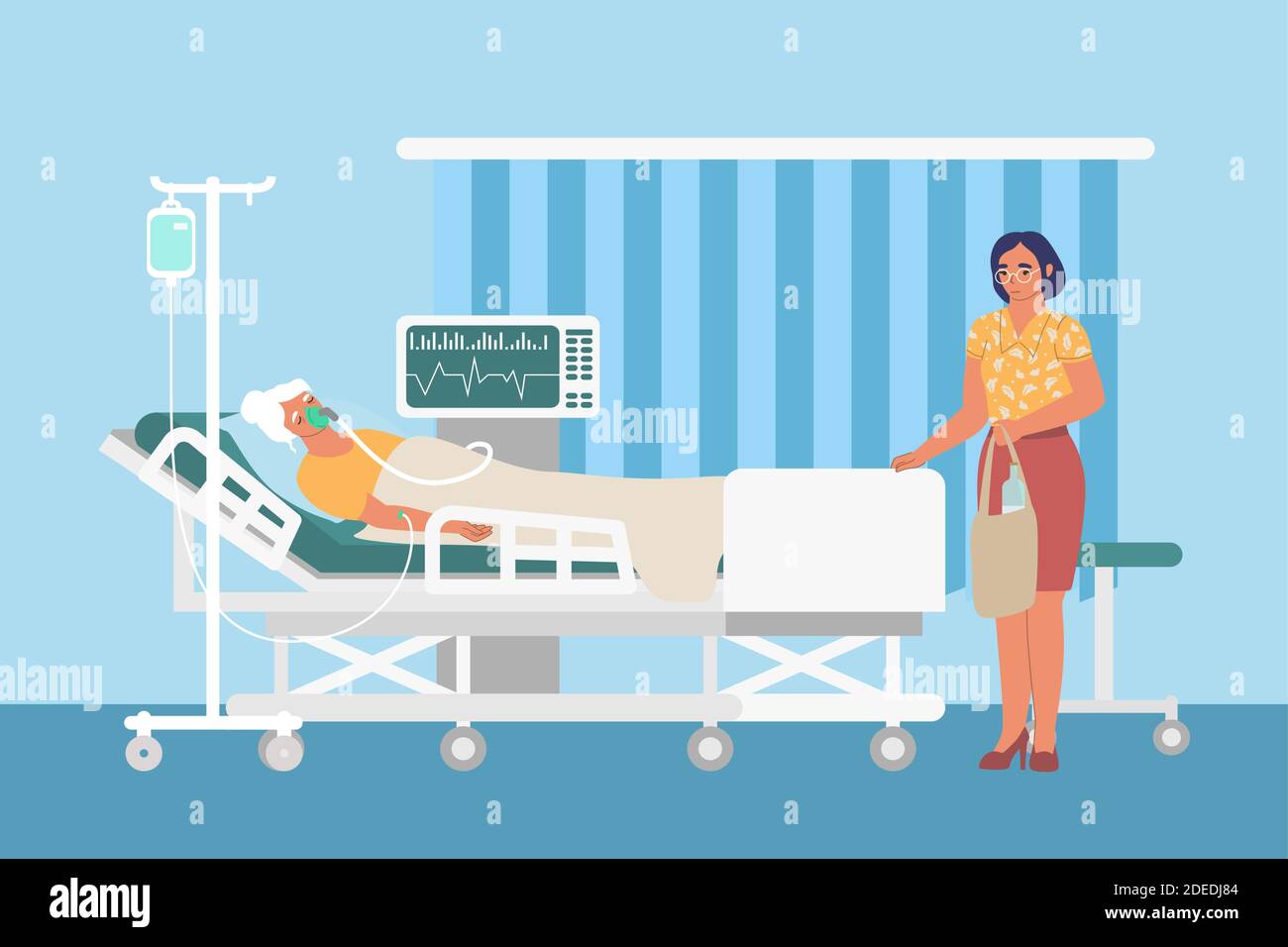 Salle médicale de réanimation avec perfusion, ventilateur, femme triste et patient dans le lit d'hôpital, illustration vectorielle plate. Illustration de Vecteur