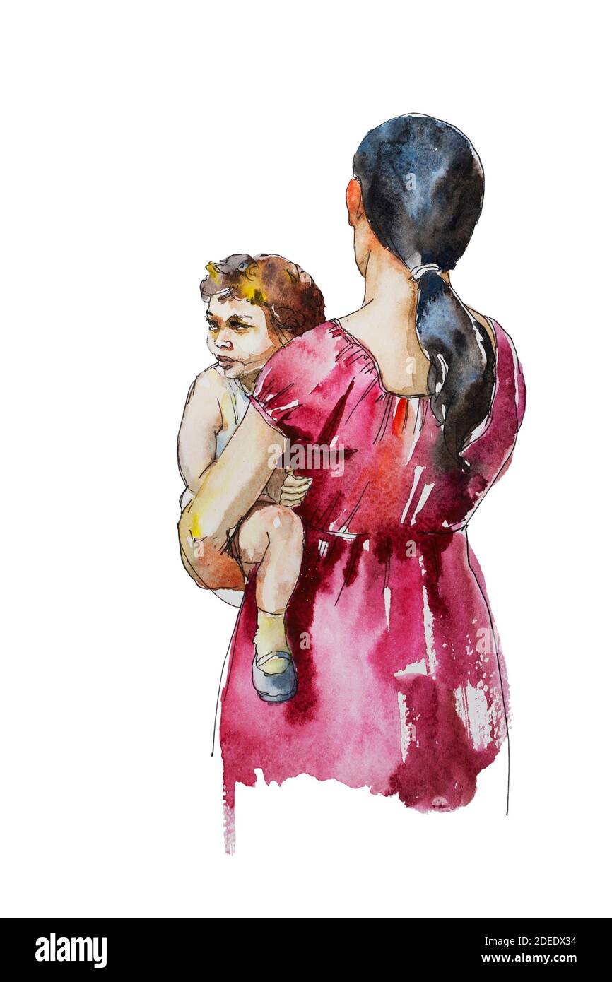 Mère tenant son fils sur ses mains, concept original aquarelle maternité illustration sentiment de famille sur la marche Banque D'Images