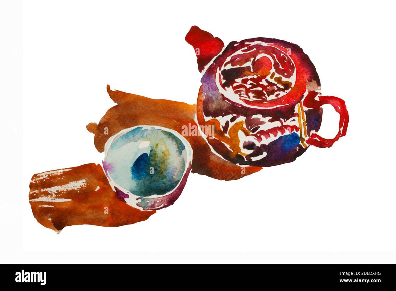 Petite théière chinoise porcellainRed avec tasse de thé sur une surface ensoleillée, illustration d'aquarelle originale isolée sur fond blanc Banque D'Images