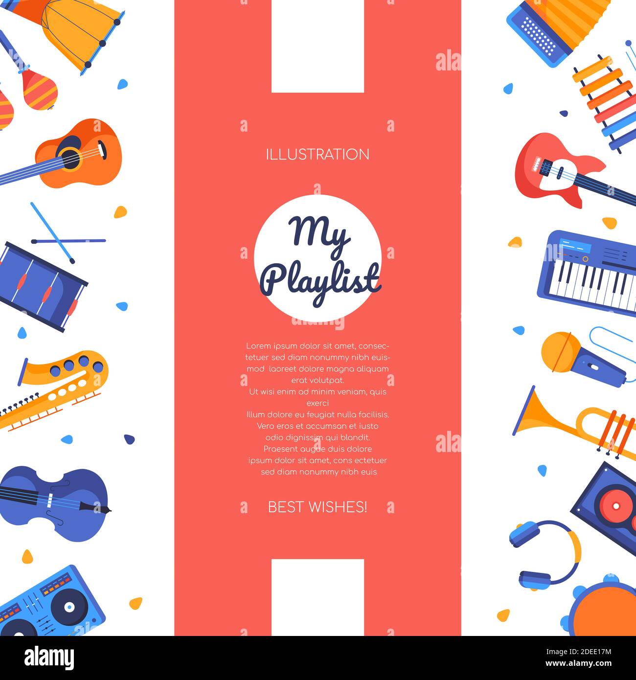 Ma liste de lecture - bannière plate colorée avec espace de copie pour le texte. Images d'instruments de musique isolés, guitares, saxophone, tambours, maracas, Illustration de Vecteur