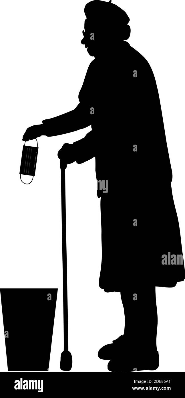 Silhouette de grand-mère jette un masque médical dans les déchets. Icône de symbole d'illustration Illustration de Vecteur