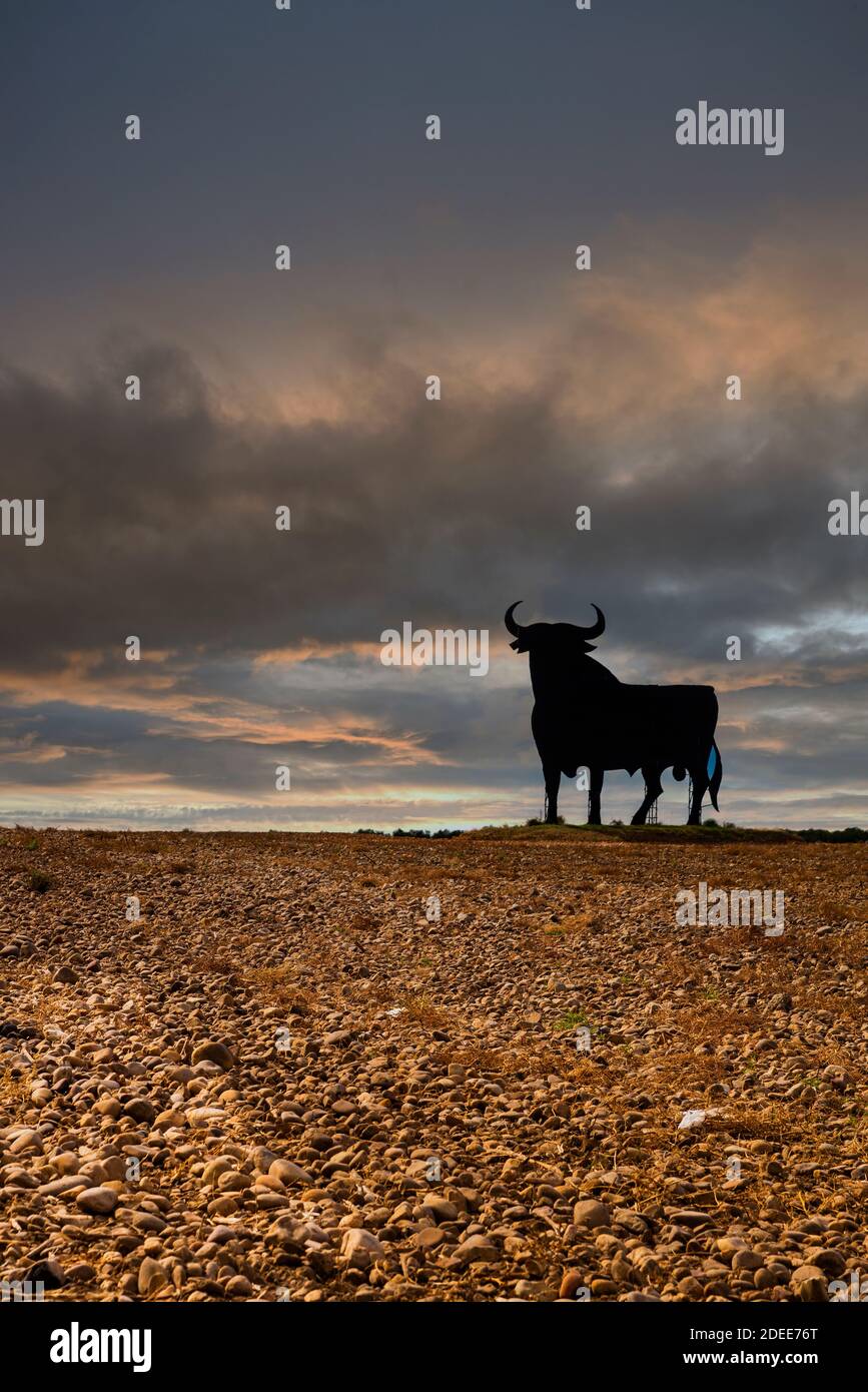 Paysage pittoresque avec une image silhouettée d'un panneau d'affichage Osborne, Andalousie, Espagne Banque D'Images
