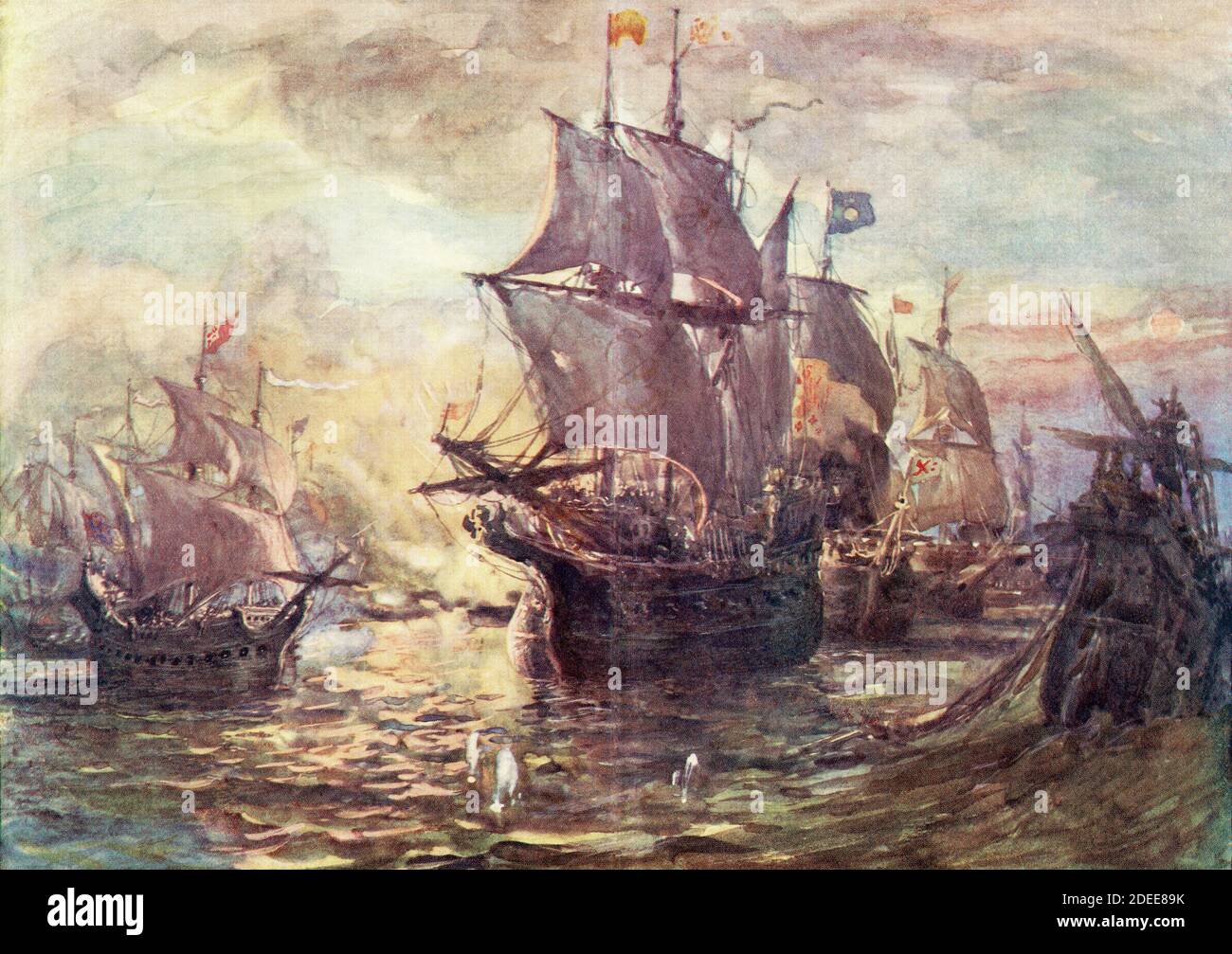 L'engagement naval avec l'Armada espagnole, 1588. De l'Histoire britannique dans périodes, publié en 1904. Banque D'Images