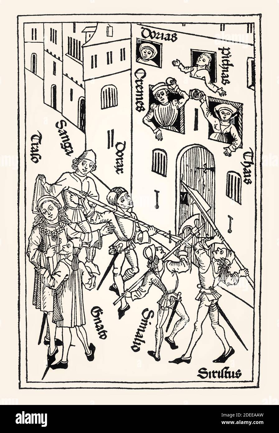 Coupe de bois de l'édition de conte Ulmer Terenz, Ulm, Konrad Dinckmut, 1486, restaurée numériquement Banque D'Images