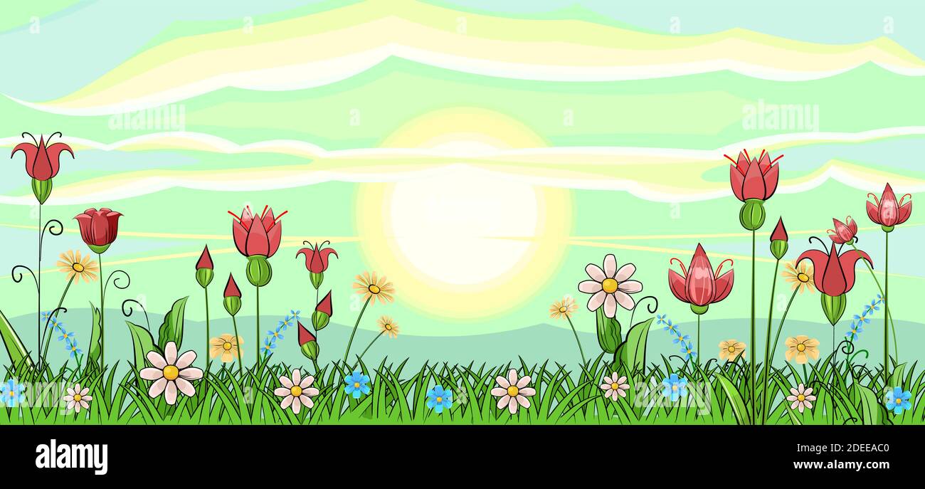 Prairie en fleurs avec herbe et fleurs. Ciel. Le soleil est à l'horizon. Décor. Style de dessin animé. Une superbe illustration romantique. Belle vue naturelle Illustration de Vecteur