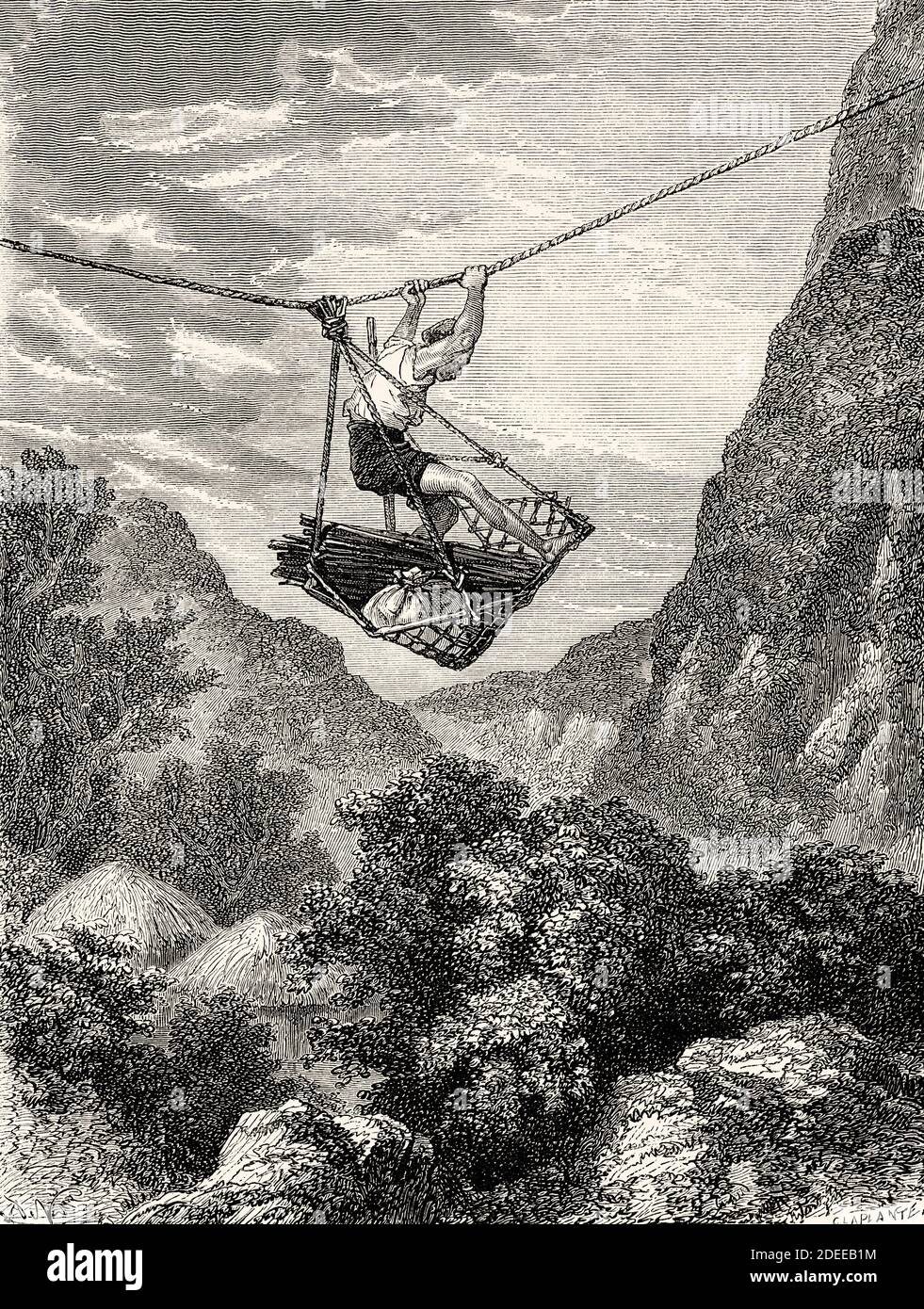 Pont aérien. Téléphérique rudimentaire au-dessus d'une vallée japonaise, au Japon. Ancienne illustration gravée du XIXe Voyage au Japon par aime Humbert de El Mundo en la Mano 1879 Banque D'Images