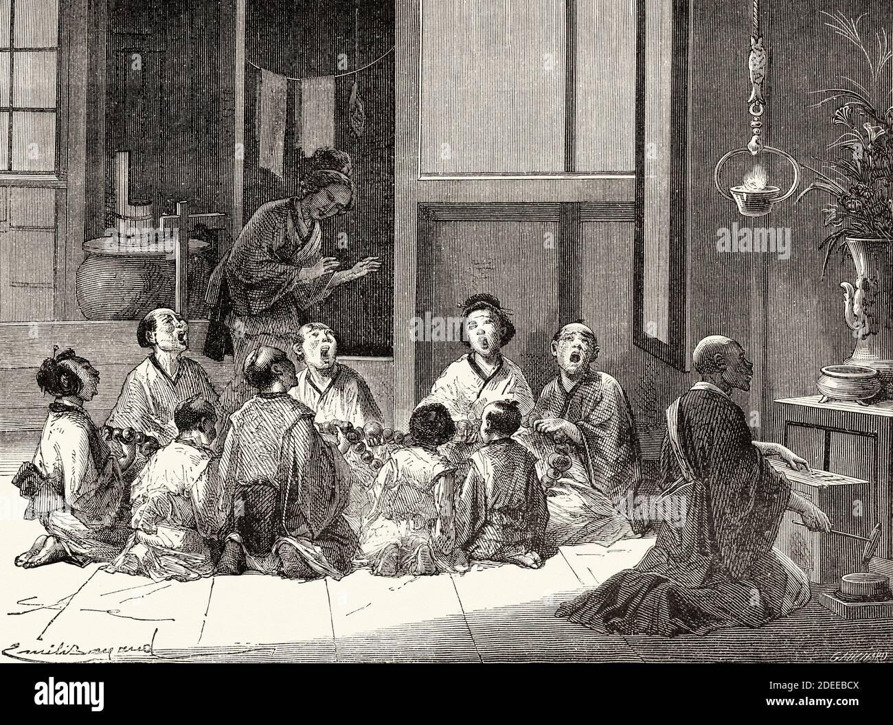 La grande famille qui dit le rosaire, le Japon. Ancienne illustration gravée du XIXe Voyage au Japon par aime Humbert de El Mundo en la Mano 1879 Banque D'Images