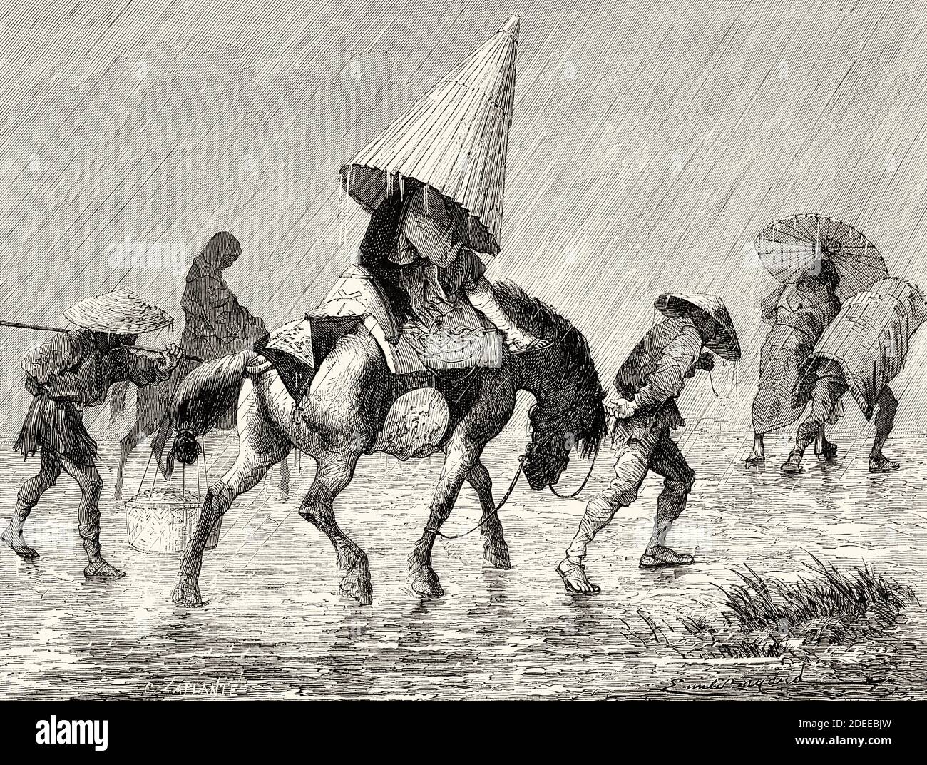 Sac à dos japonais sous la pluie, Japon. Ancienne illustration gravée du XIXe Voyage au Japon par aime Humbert de El Mundo en la Mano 1879 Banque D'Images
