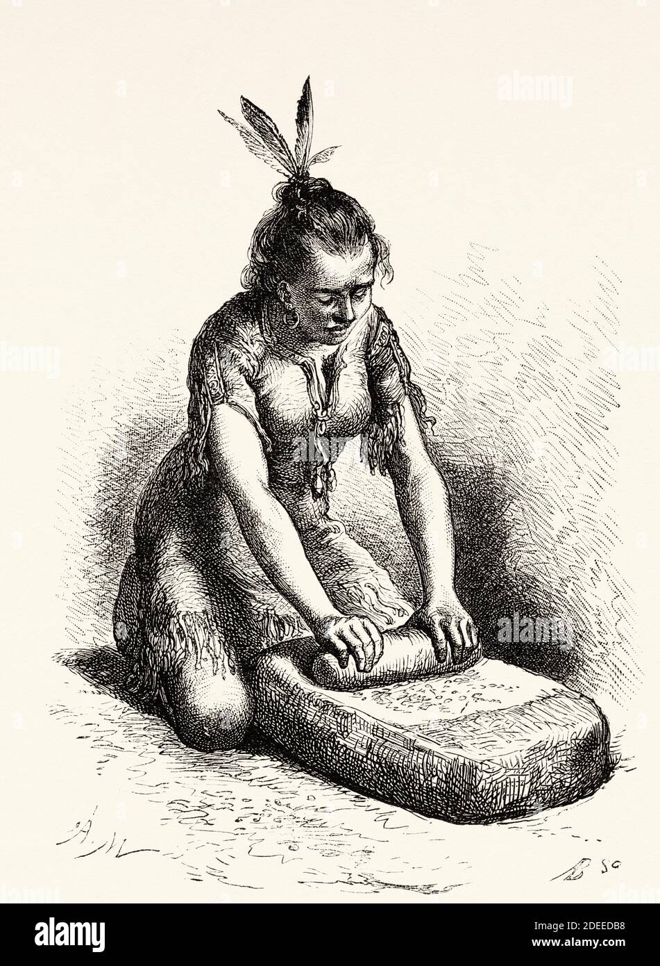 Utah femme indienne meulant du maïs dans un mortier de pierre, États-Unis d'Amérique. Ancienne illustration gravée du XIXe siècle. Voyage de Washington à San Francisco par Louis Laurent Simonin de El Mundo en la Mano 1879 Banque D'Images