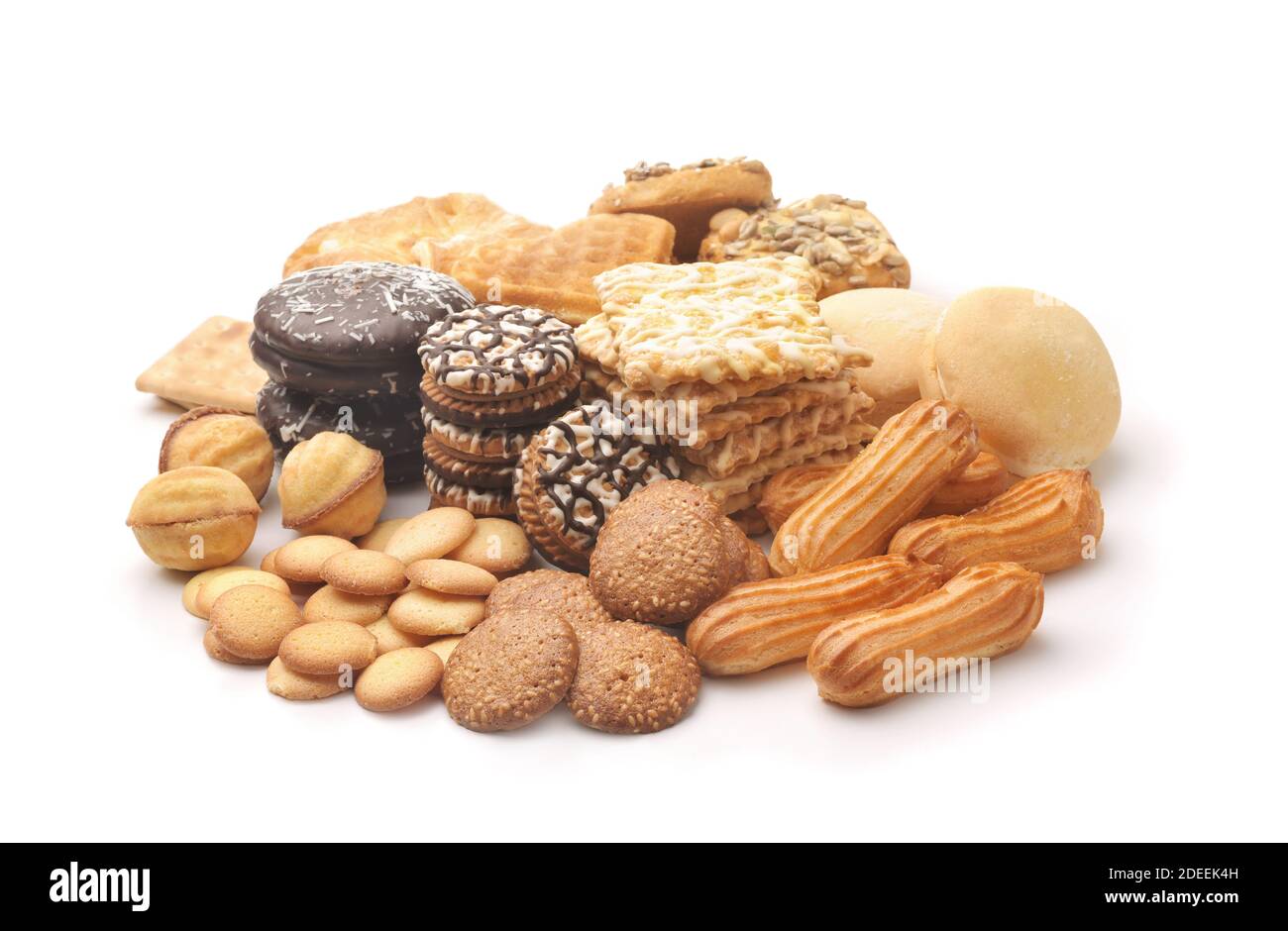 Pile de diverses pâtisseries fraîches isolées sur blanc Banque D'Images