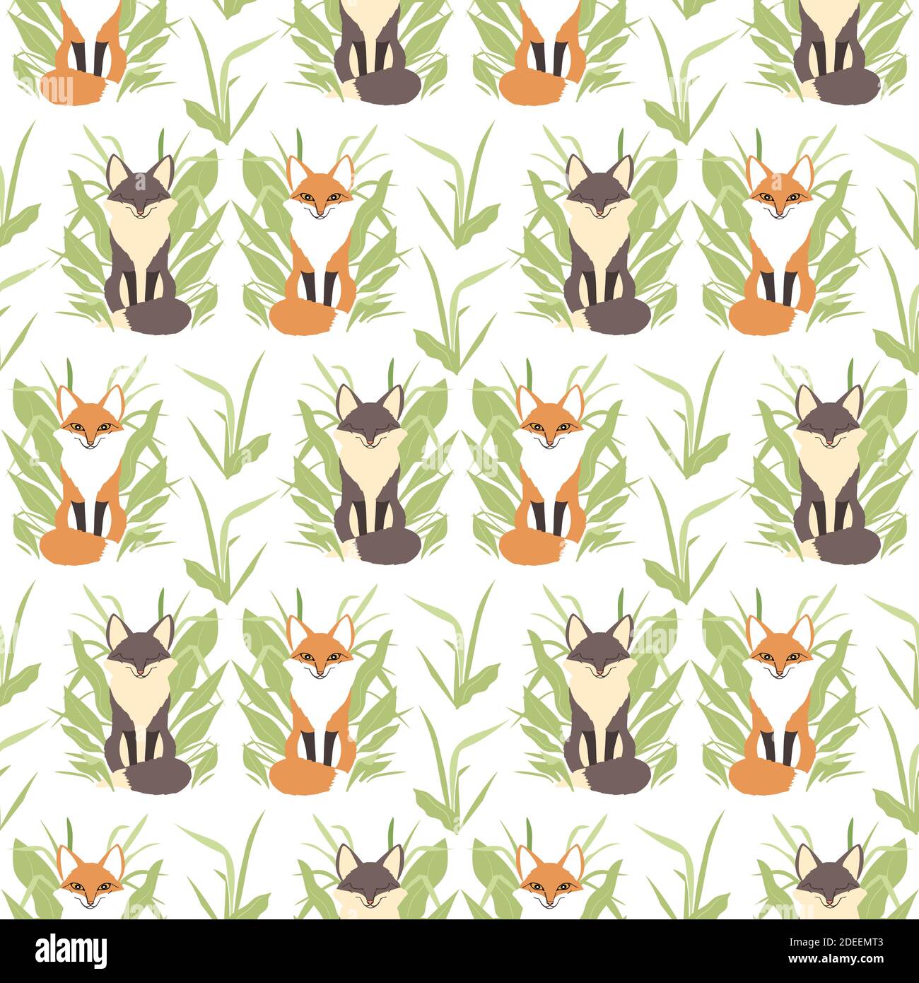 Motif sans couture avec joli boho plat rouge renards dessinés à la main et plantes dans des couleurs neutres Illustration de Vecteur