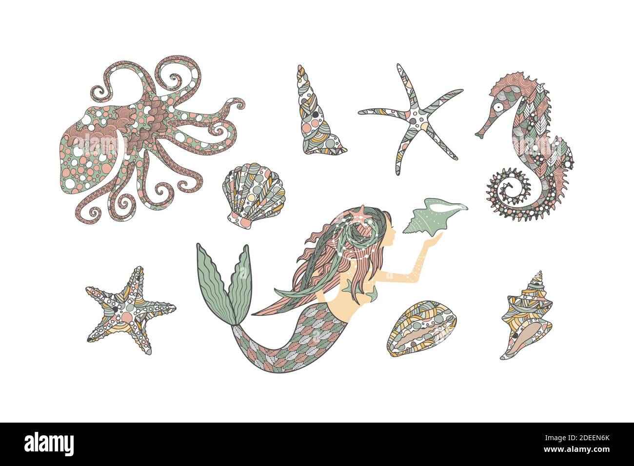 Collection de faune sous-marine et de sirène dans un style d'art zen Illustration de Vecteur