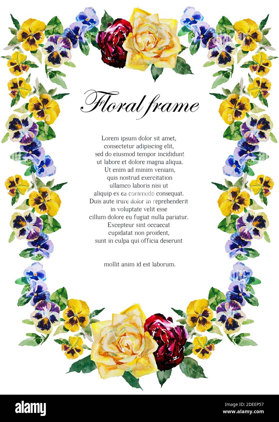 Pansy et roses aquarelle page guirlande cadre avec des feuilles et des fleurs de couleur bleu, jaune et rouge foncé Banque D'Images