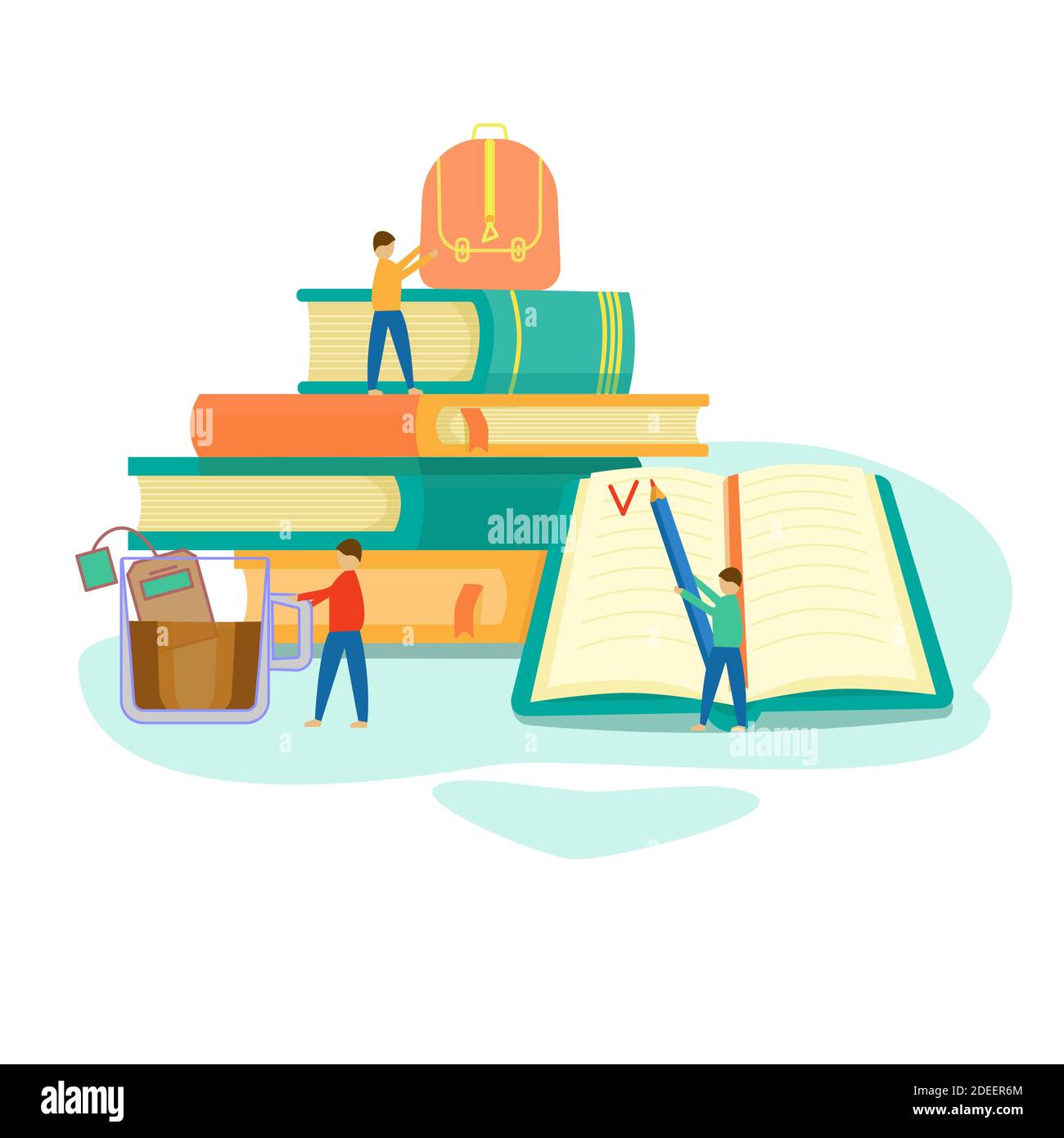 Concept avec pile de livres personnages de personnes. Design plat pour l'affiche de bannière et l'application mobile infographics Web design. Illustration de Vecteur