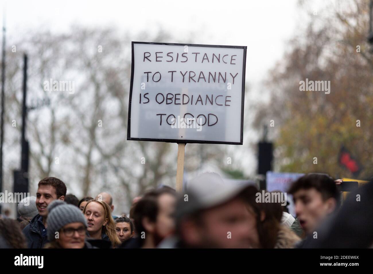 Manifestation anti-verrouillage, Hyde Park, Londres, 28 novembre 2020. Détail de l'étiquette d'un manifestant. Banque D'Images