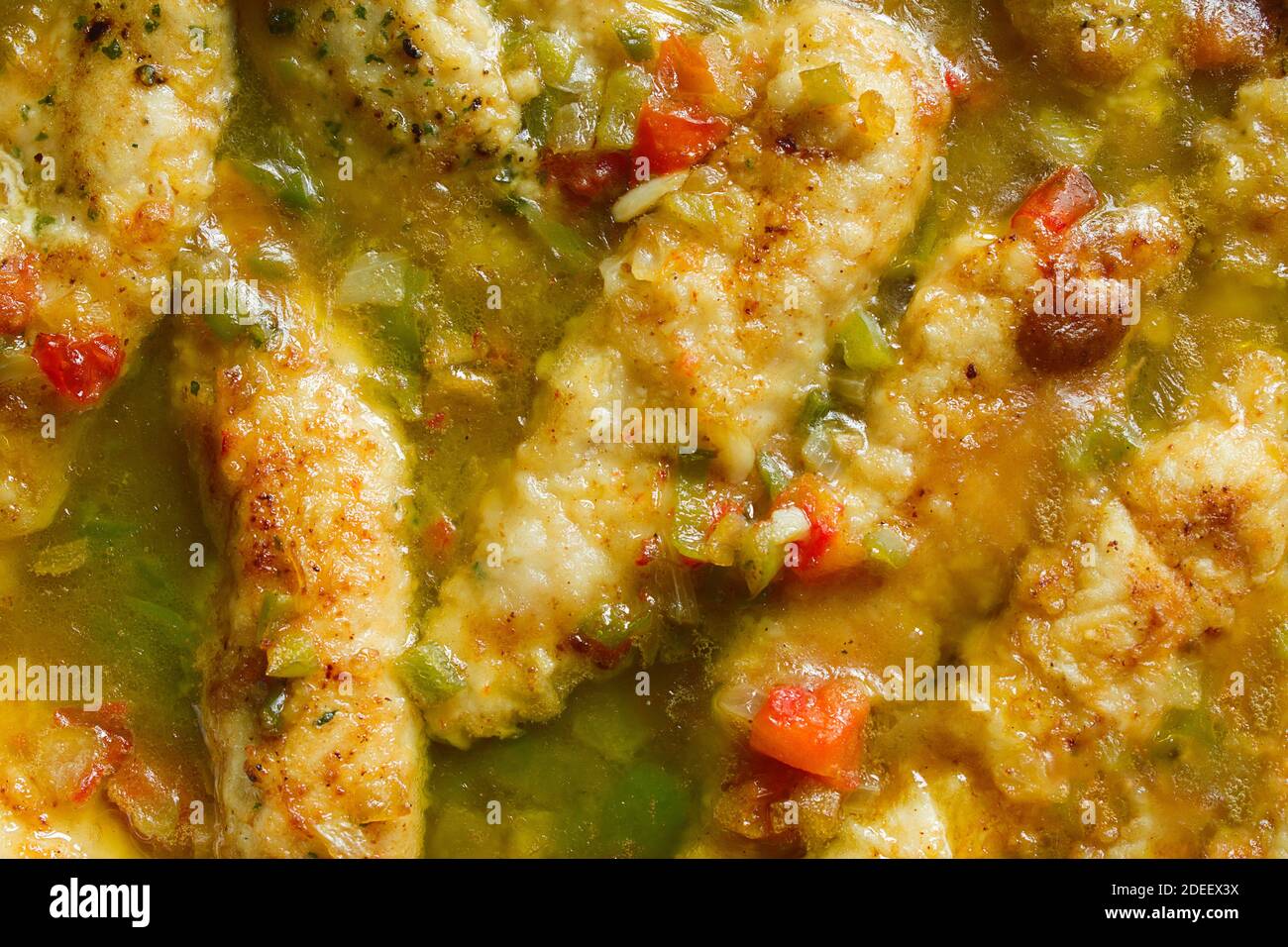 Gros plan d'un délicieux filet de poulet sauce verte avec persil, huile d'oignon et poivron rouge. Recettes de cuisine saines et faciles. Banque D'Images