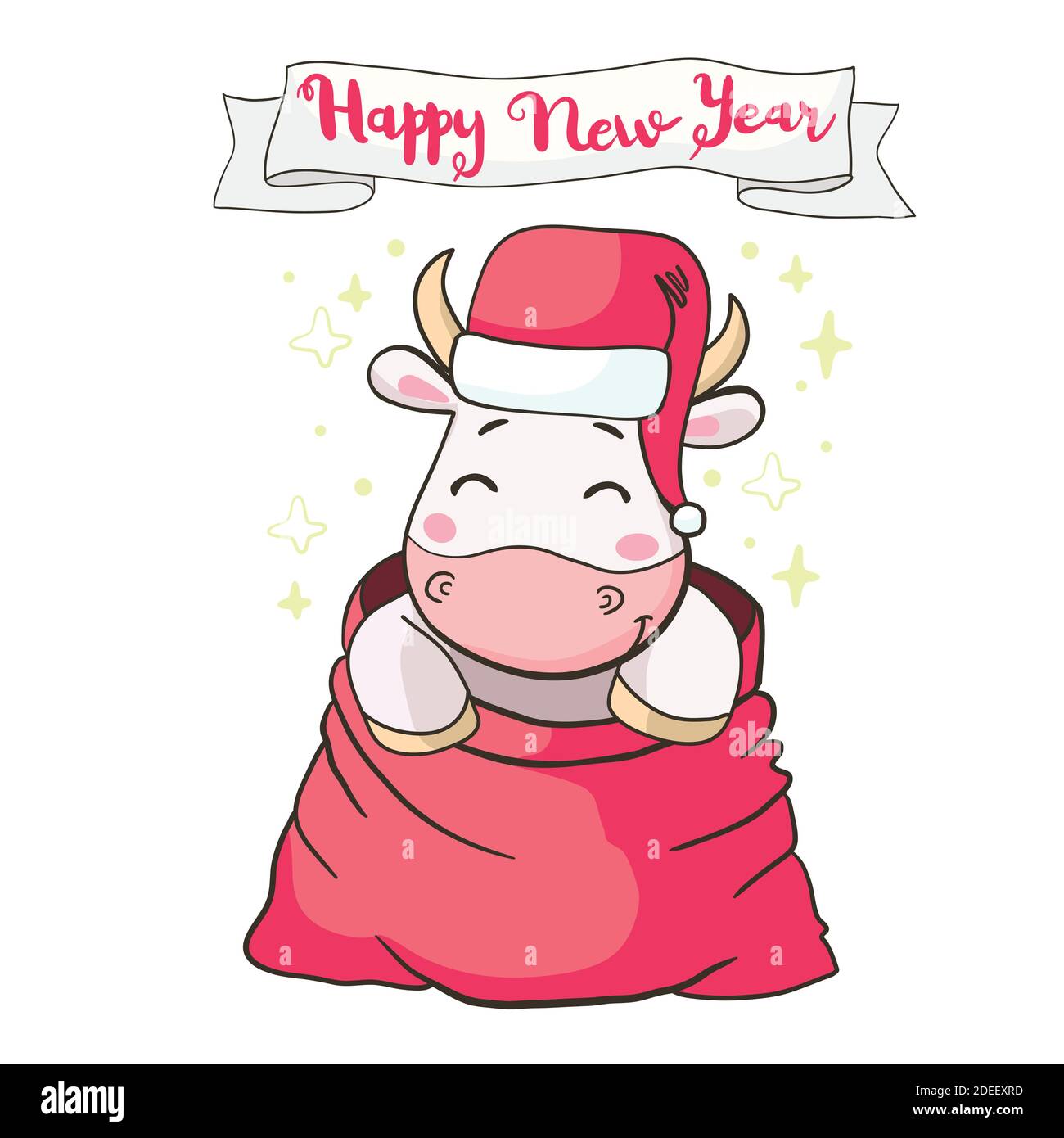 Joli taureau portant le symbole chapeau du Père Noël 2021 nouvel an chinois, illustration pour la carte de noël. Illustration de Vecteur