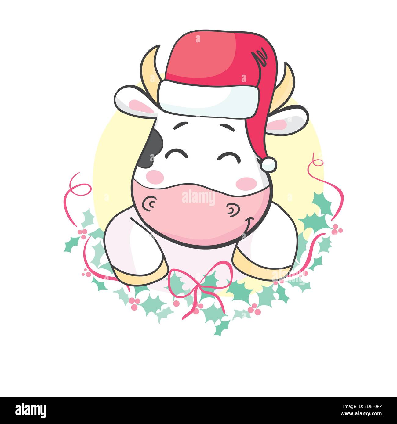 Joli taureau portant le symbole chapeau du Père Noël 2021 nouvel an chinois, illustration pour la carte de noël. Illustration de Vecteur