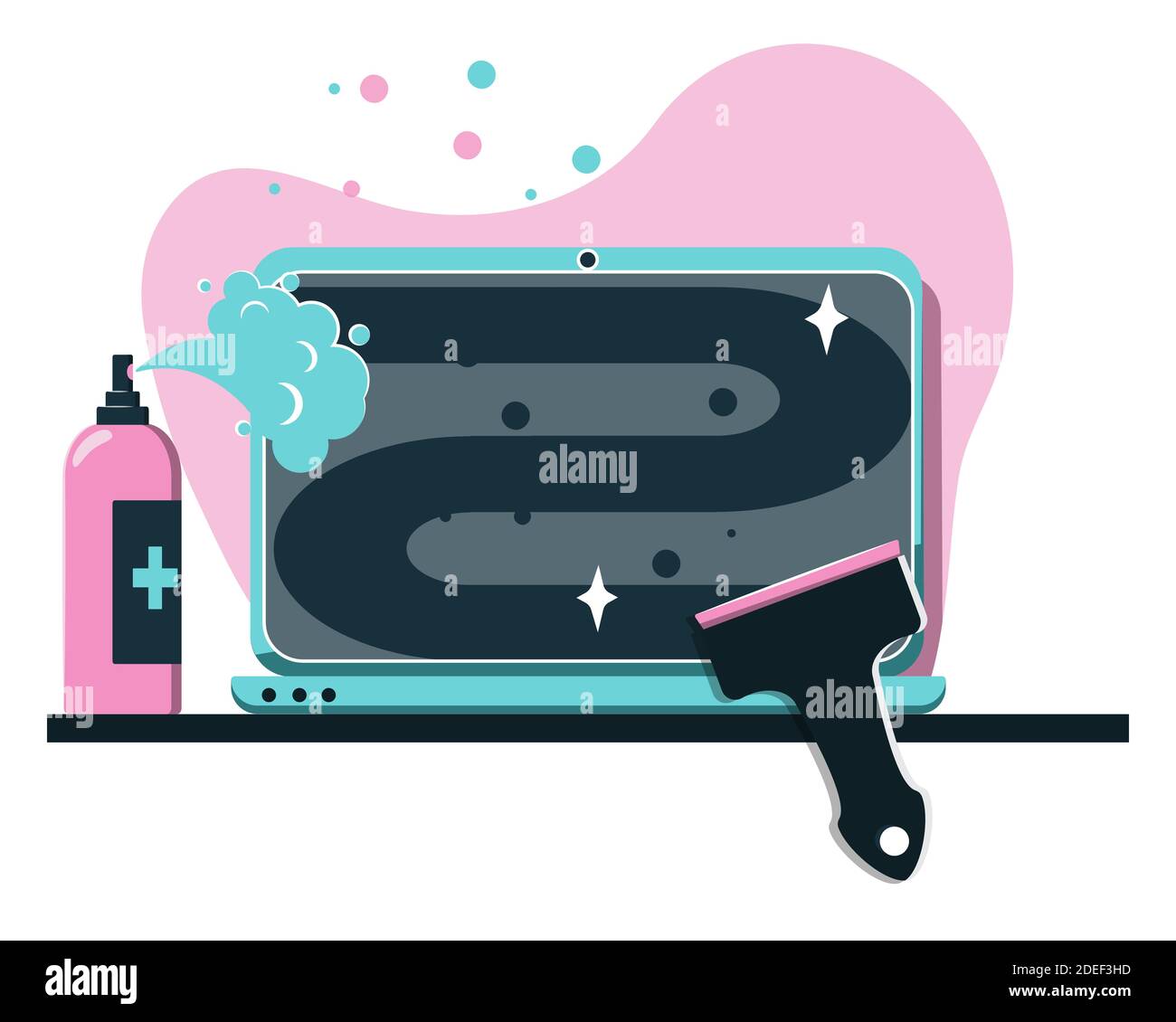 Nettoyer l'ordinateur portable avec un vaporisateur d'alcool et un grattoir. Règles d'hygiène, désinfection de gadget, lavage sale concept écran plat illustration vectorielle. Prévenir la propagation du microbe et de la maladie, les méthodes de prévention. Illustration vectorielle Illustration de Vecteur