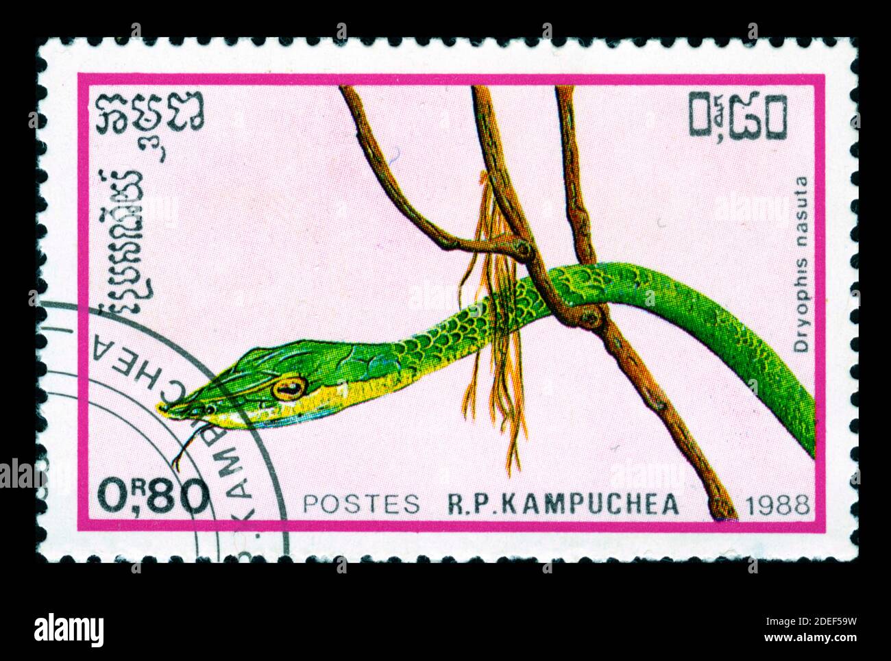 Timbre imprimé à Kampuchea, 1988, amphibiens, Dryophis nasuta Banque D'Images