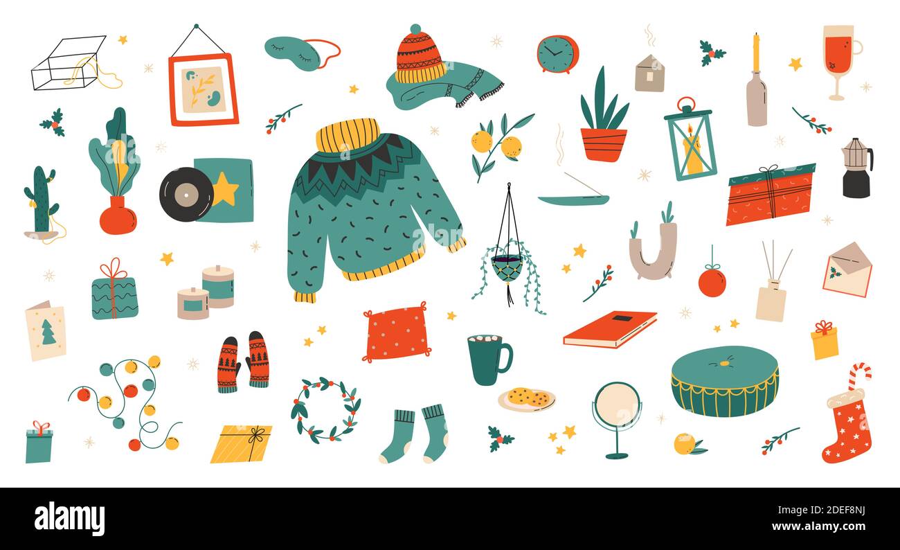 Ensemble de noël en forme de higouge. Décoration de vacances, cadeau, vêtements Illustration de Vecteur