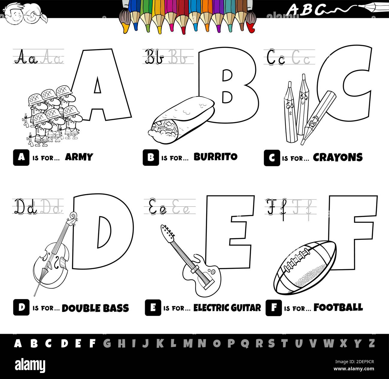 Dessin animé noir et blanc représentant des lettres majuscules de l'alphabet kit éducatif pour la pratique de la lecture et de l'écriture pour les enfants de Couleur a à F Illustration de Vecteur