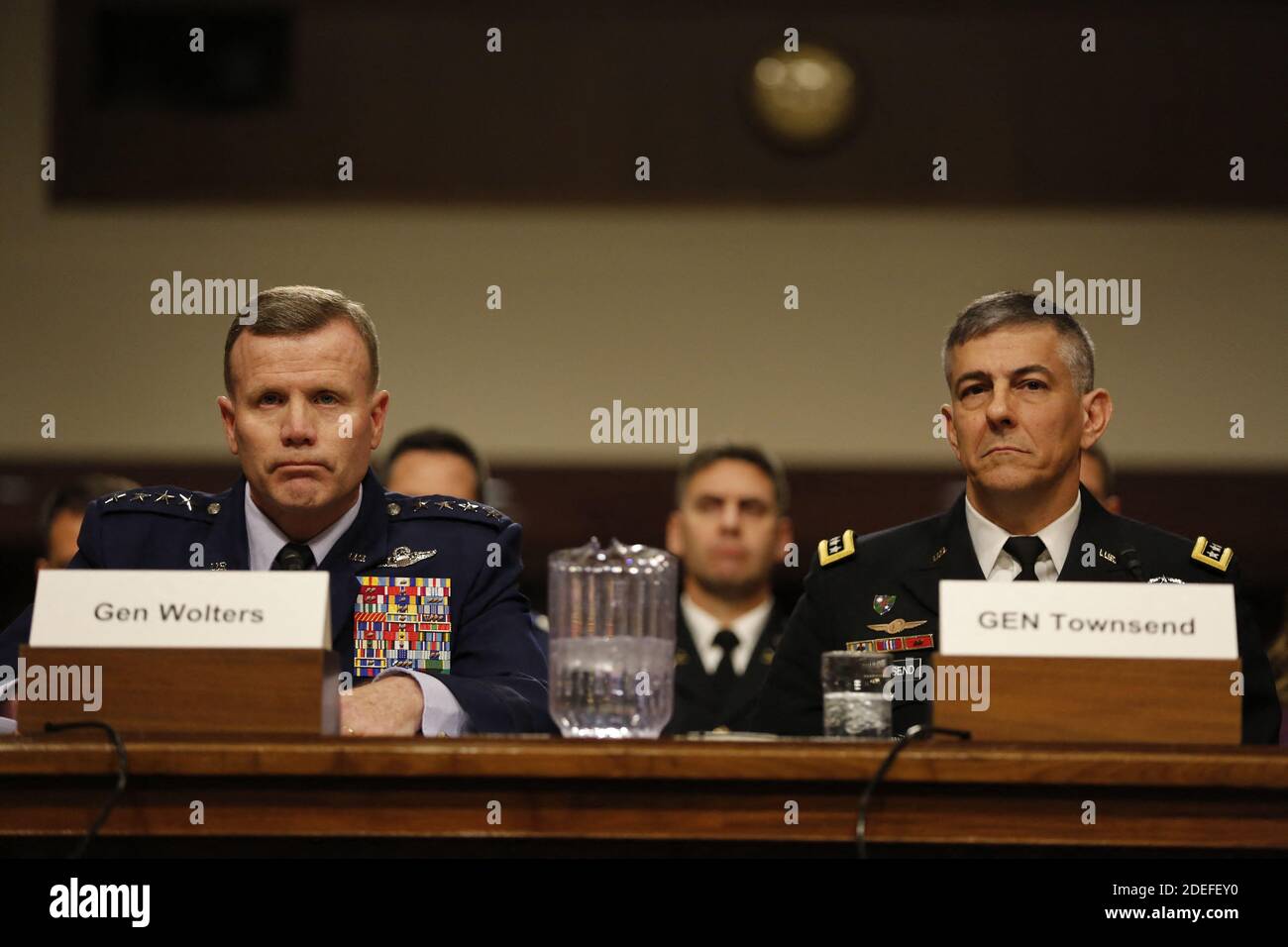 Le général Stephen J. Townsend, de l'armée de terre des États-Unis, à droite, et le général Tod D. Wolters, de la Force aérienne des États-Unis, témoignent pour leur renouvellement de mandat devant le Comité des services armés du Sénat, à Washington, DC, États-Unis, le 2 avril 2019. Photo de Martin H. Simon / CNP/ABACAPRESS.COM Banque D'Images