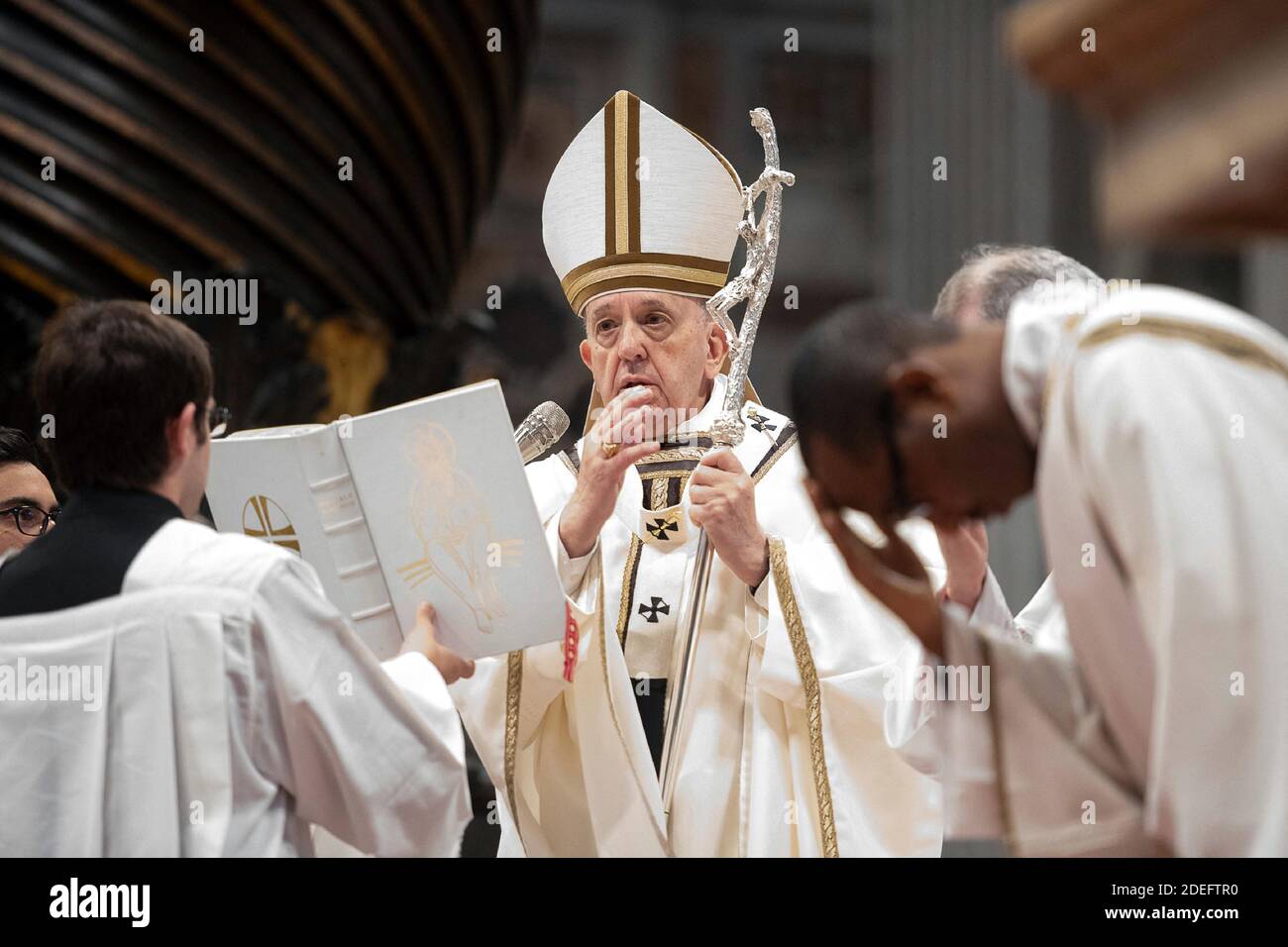 Le pape François assiste à la Messe de Saint-Chrism le jeudi 18 avril 2019 à la basilique Saint-Pierre au Vatican. Maundy jeudi est le Saint-chrétien tombant le jeudi avant Pâques, commémorant la Maundy et la Cène de Jésus-Christ avec les Apôtres. Photo par ABACAPRESS.COM Banque D'Images