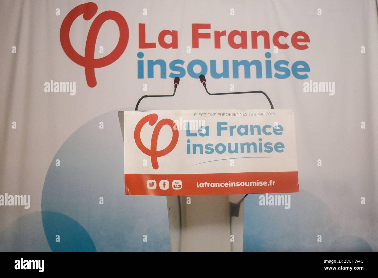 LOGO FI après l'annonce des résultats des élections européennes le 26 2019 mai à Paris, France. Photo de Julie Sebadelha/ABACAPRESS.COM Banque D'Images