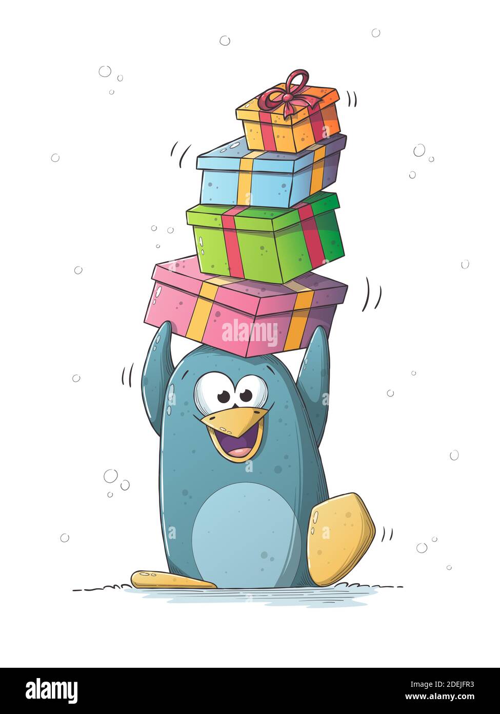 Pingouin avec cadeaux. Illustration vectorielle dessinée à la main avec des calques séparés. Illustration de Vecteur