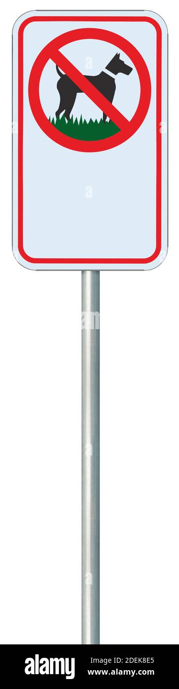Panneau d'avertissement indiquant qu'aucun chien n'est autorisé, espace de copie vide vierge, macro de signalisation d'interdiction détaillée isolée, panneau d'avis réglementaire métallique vertical, rouge Banque D'Images