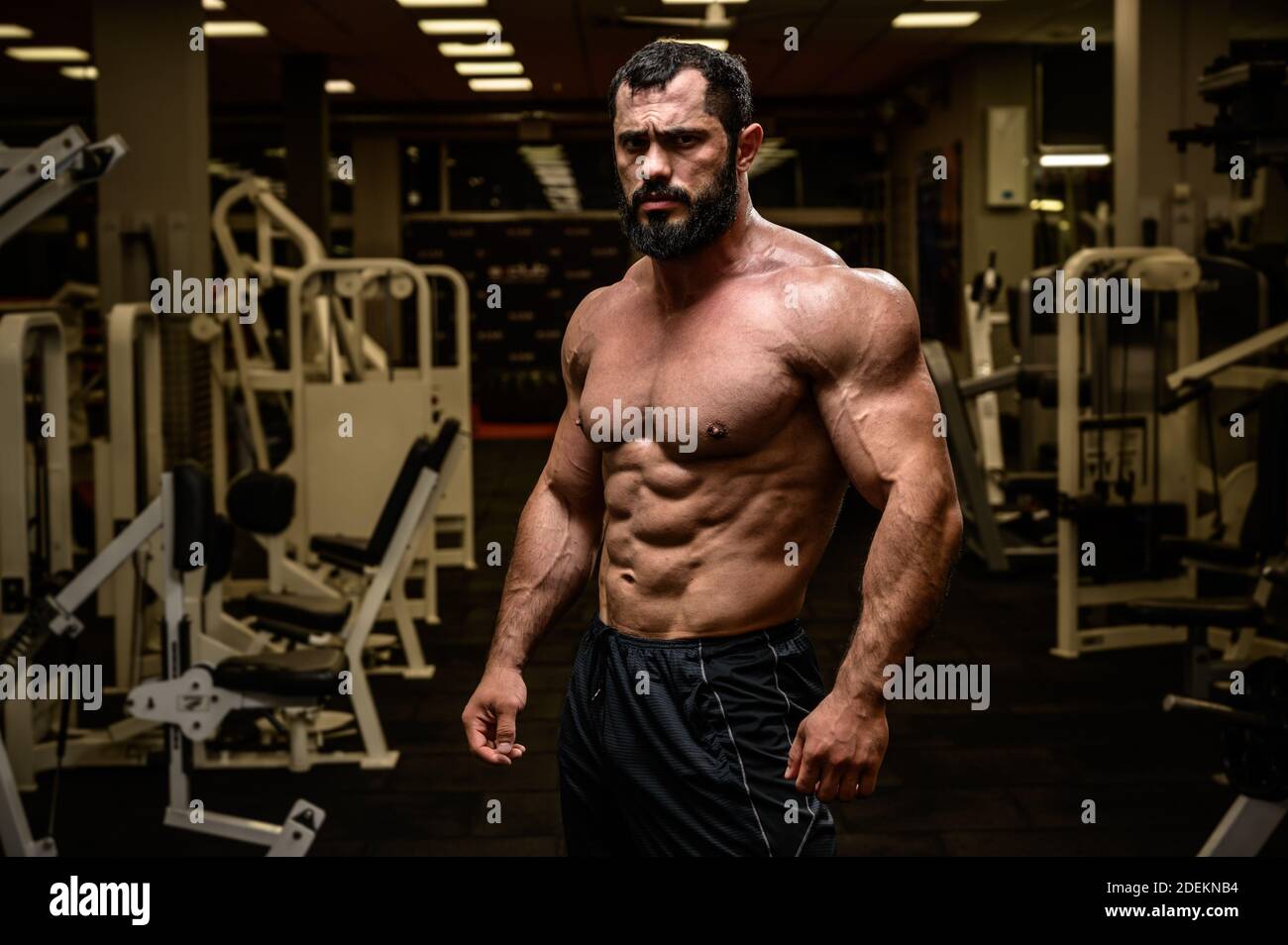 jeune homme fortement barbu avec physique de sport dans la forme physique d'athlète salle de sport Banque D'Images