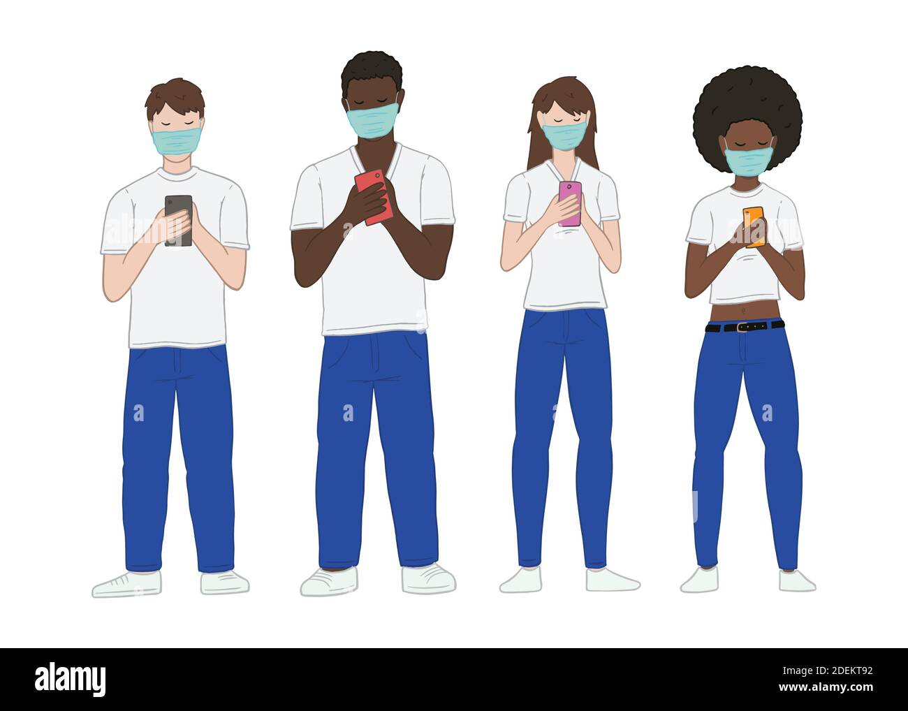 Groupe de jeunes multiraciaux portant un masque et se tenant debout avec un smartphone. Concept d'illustration vectorielle plate. Isolé sur fond blanc. Illustration de Vecteur