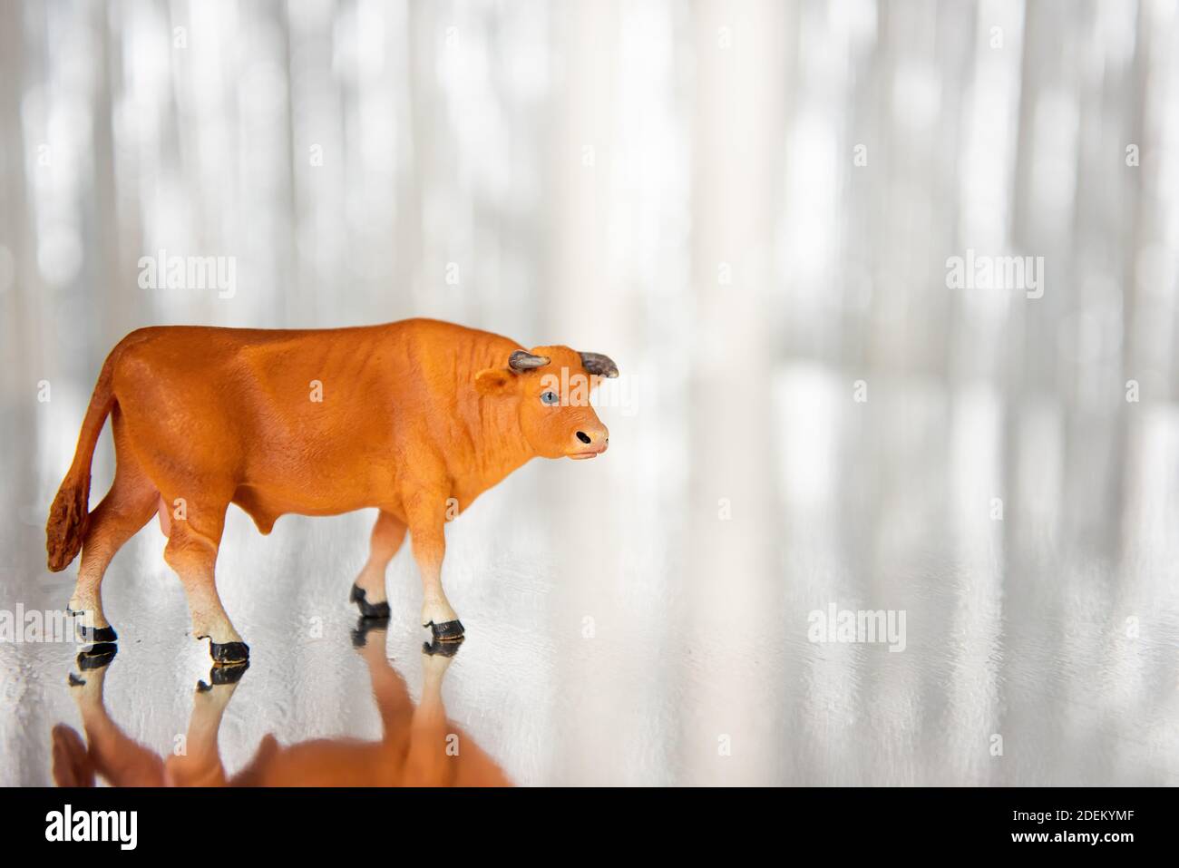Un boeuf de vache de taureau brun se tient contre un fond brillant, flou, argenté. Carte de congé vierge. Symbole de Noël de l'année. Affiche du nouvel an, calendrier Banque D'Images