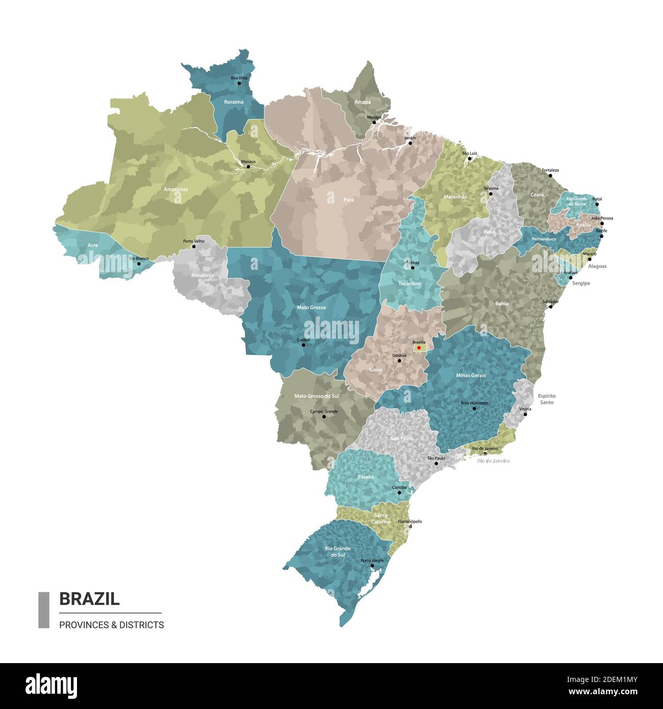 Brésil carte détaillée avec subdivisions. Carte administrative du Brésil avec le nom des districts et des villes, colorée par les États et le district administratif Illustration de Vecteur