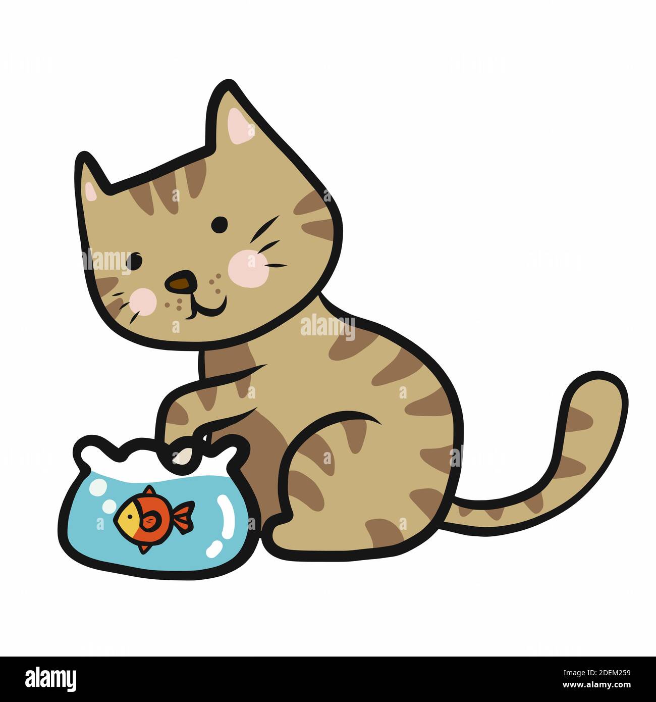 Tabby chat jouer avec le poisson dans l'illustration du vecteur de dessin animé de la cuvette de poisson Illustration de Vecteur