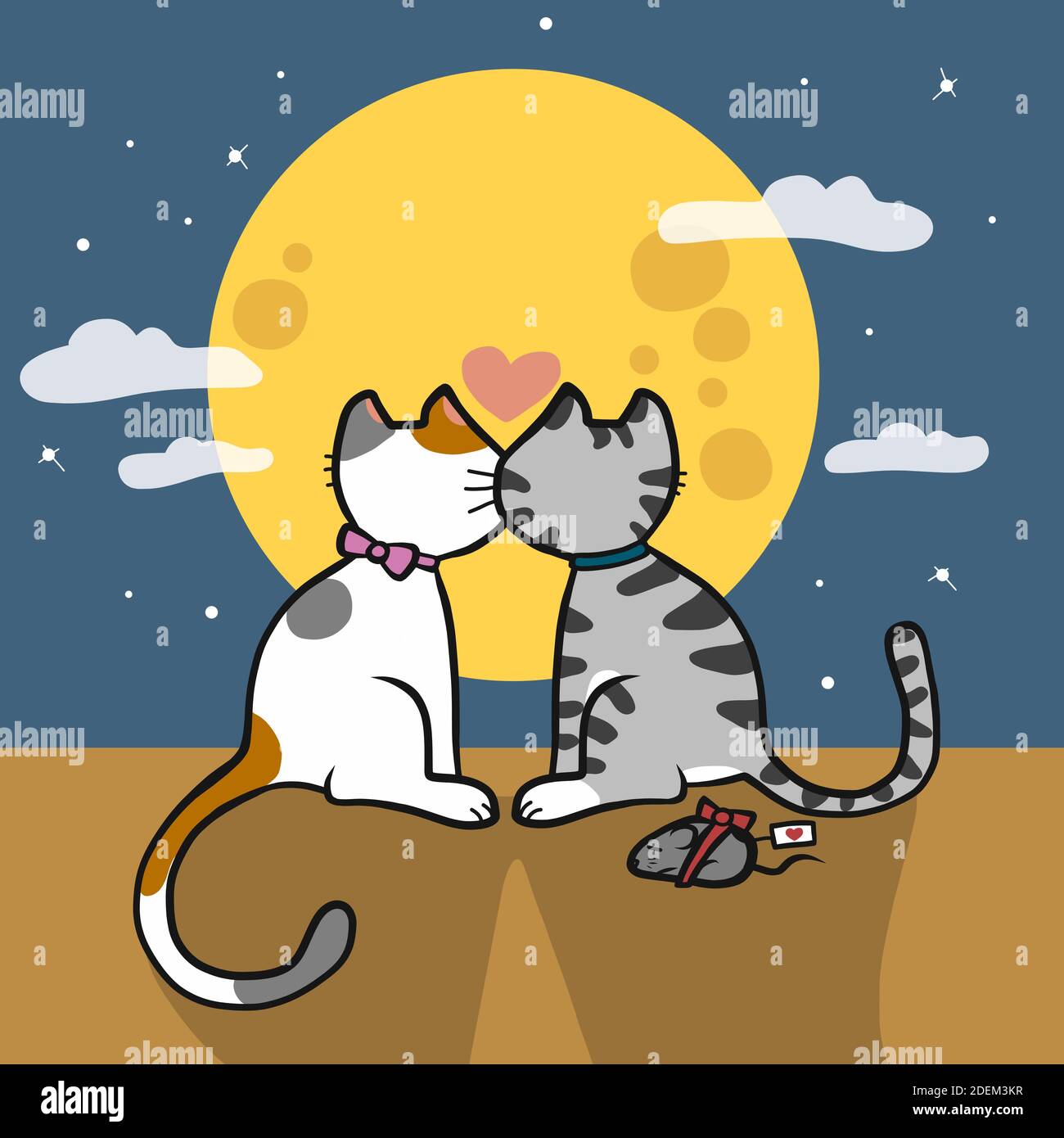 Couple chat embrassant sous pleine lune dessin vectoriel Illustration de Vecteur