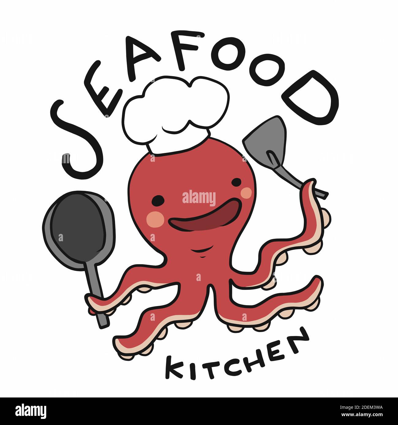 Logo de cuisine de fruits de mer, illustration vectorielle de dessin animé du chef Octopus Illustration de Vecteur