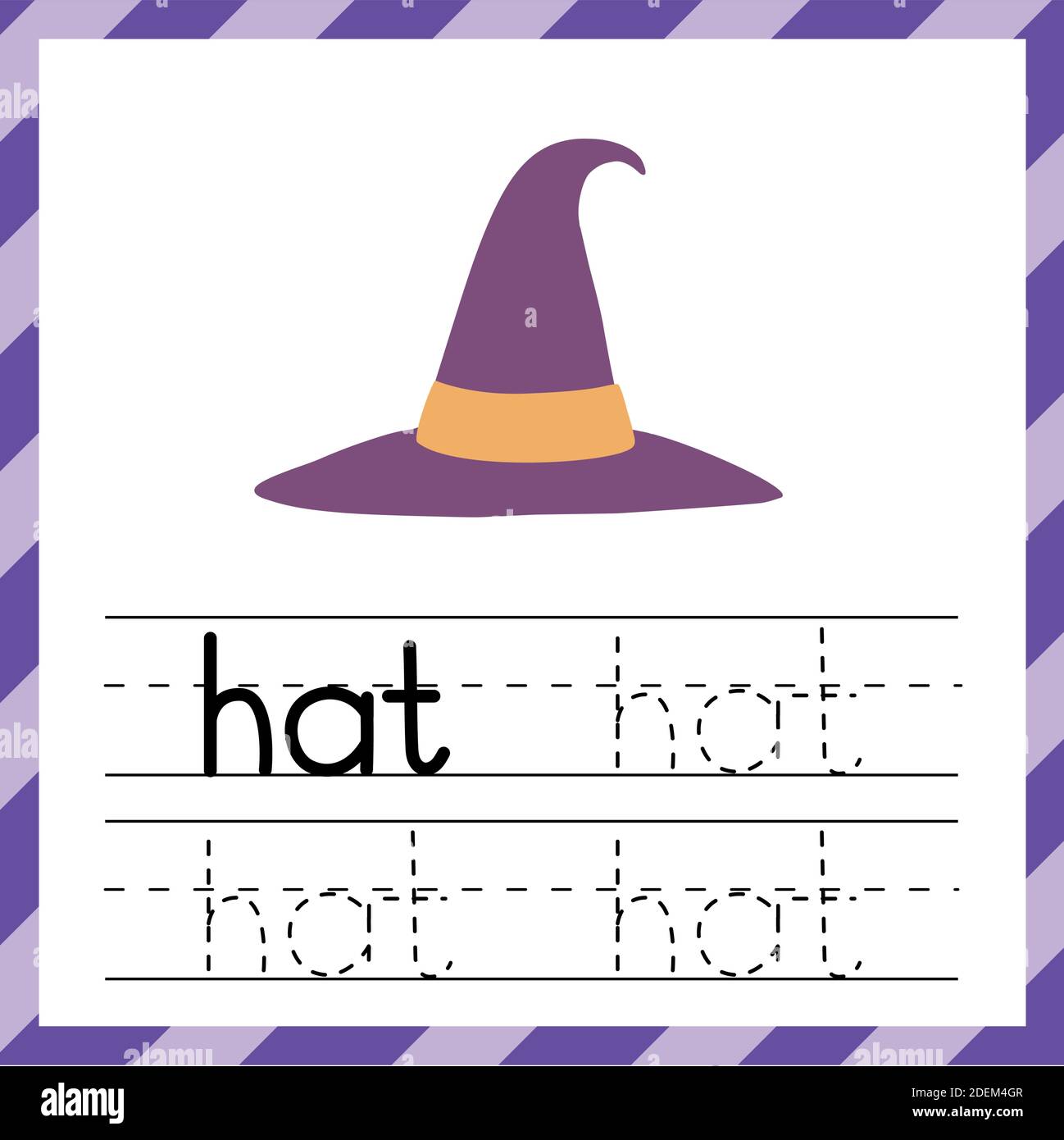 Feuille de travail de traçage avec le mot - Hat. Matériel d'apprentissage phonique ou carte-mémoire pour les enfants Illustration de Vecteur