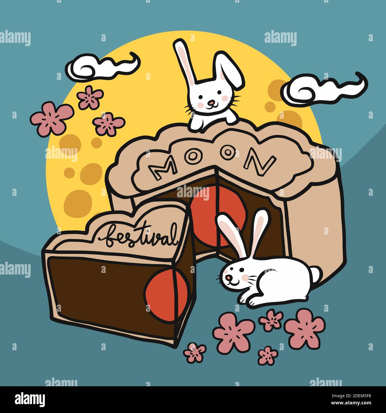 Festival Mooncake, lapins jouent sur le gâteau de lune et pleine lune dessin animé illustration vectorielle Illustration de Vecteur