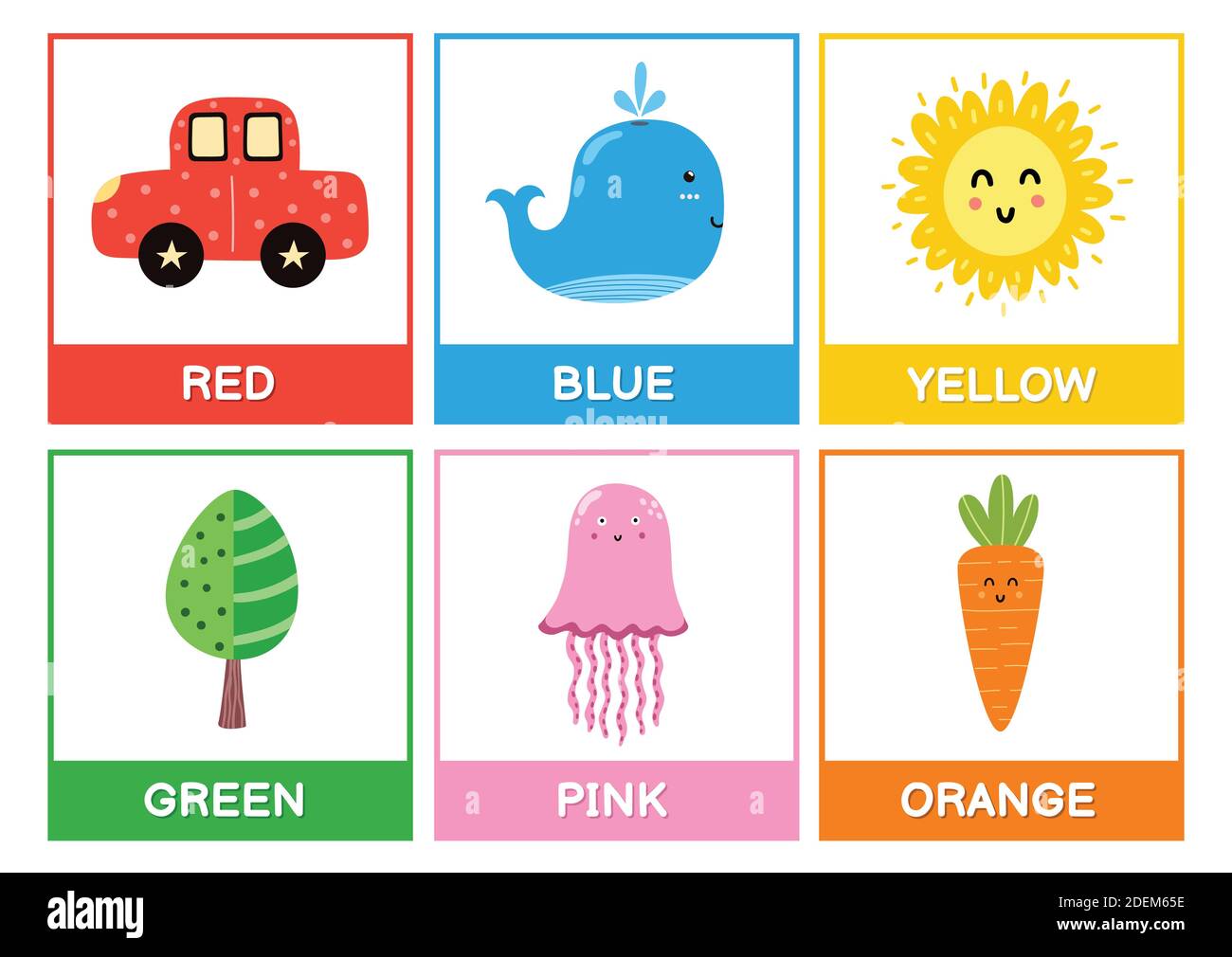 Cartes de poche avec couleurs principales - rouge, bleu, jaune, vert, rose, orange. Apprenez les couleurs poster éducatif pour les enfants Illustration de Vecteur