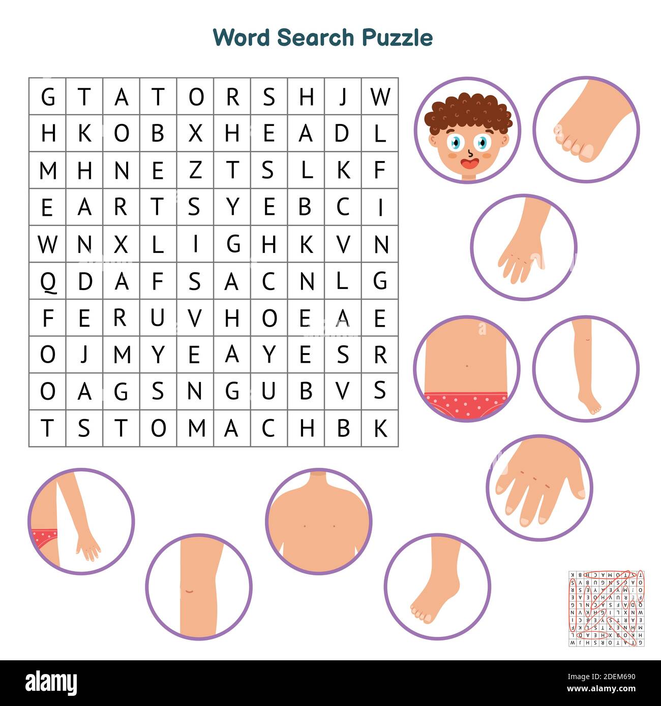 Puzzle de recherche de mots de parties de corps. Jeu éducatif pour les enfants. Feuille de travail sur l'apprentissage du corps humain Illustration de Vecteur