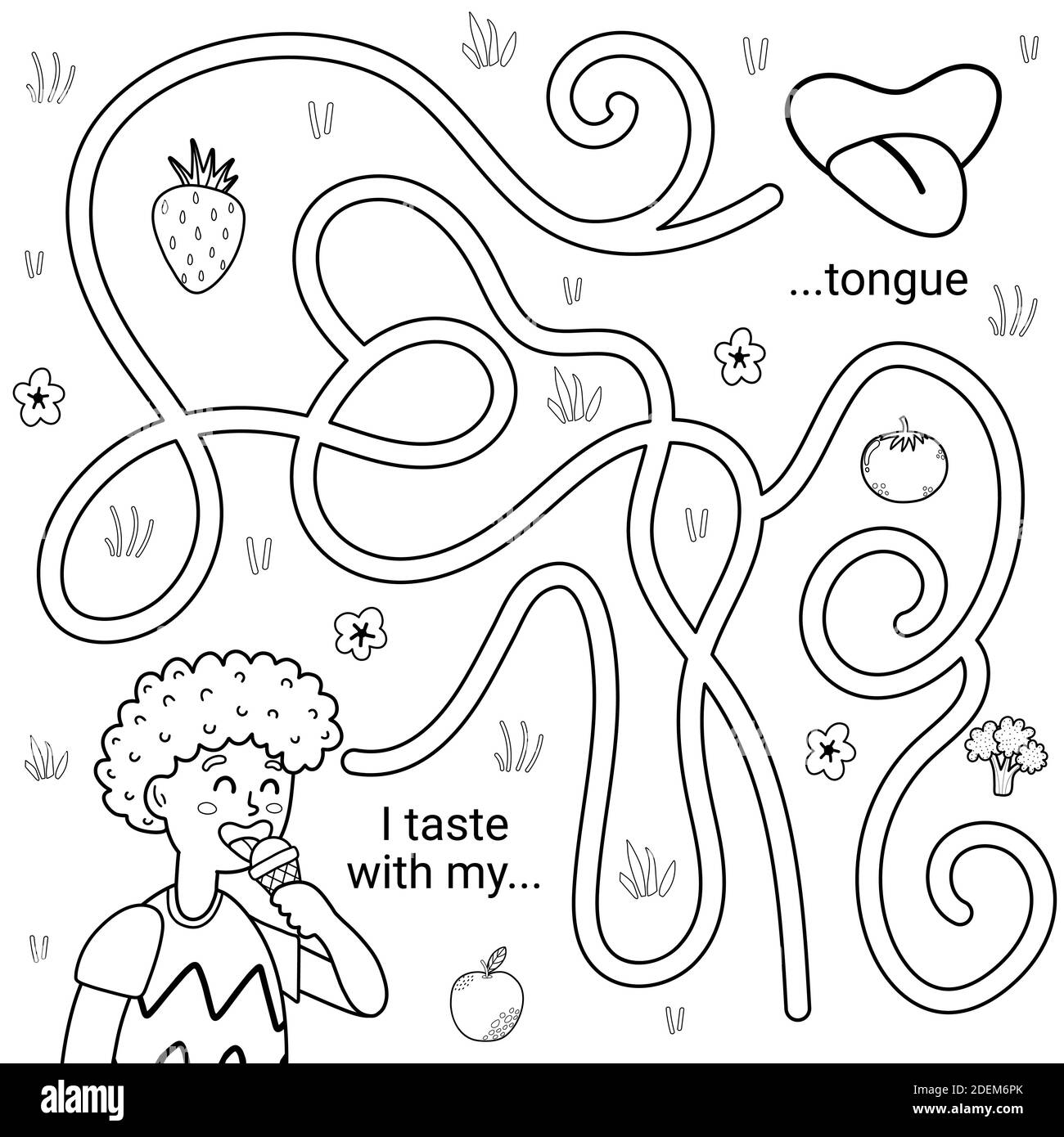 Je peux goûter avec ma langue noir et blanc jeu de labyrinthe pour les enfants. Labyrinthe de cinq sens Illustration de Vecteur