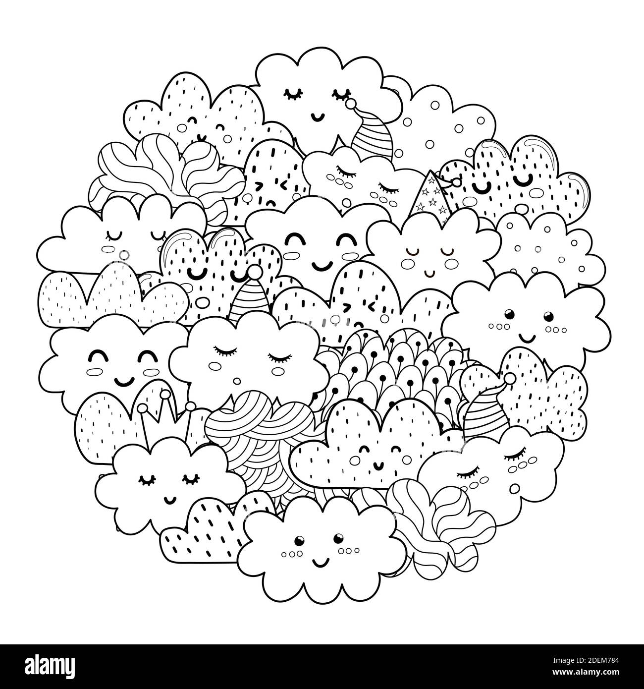 Motif en forme de cercle de nuages Doodle pour livre de coloriage. Impression noir et blanc Illustration de Vecteur